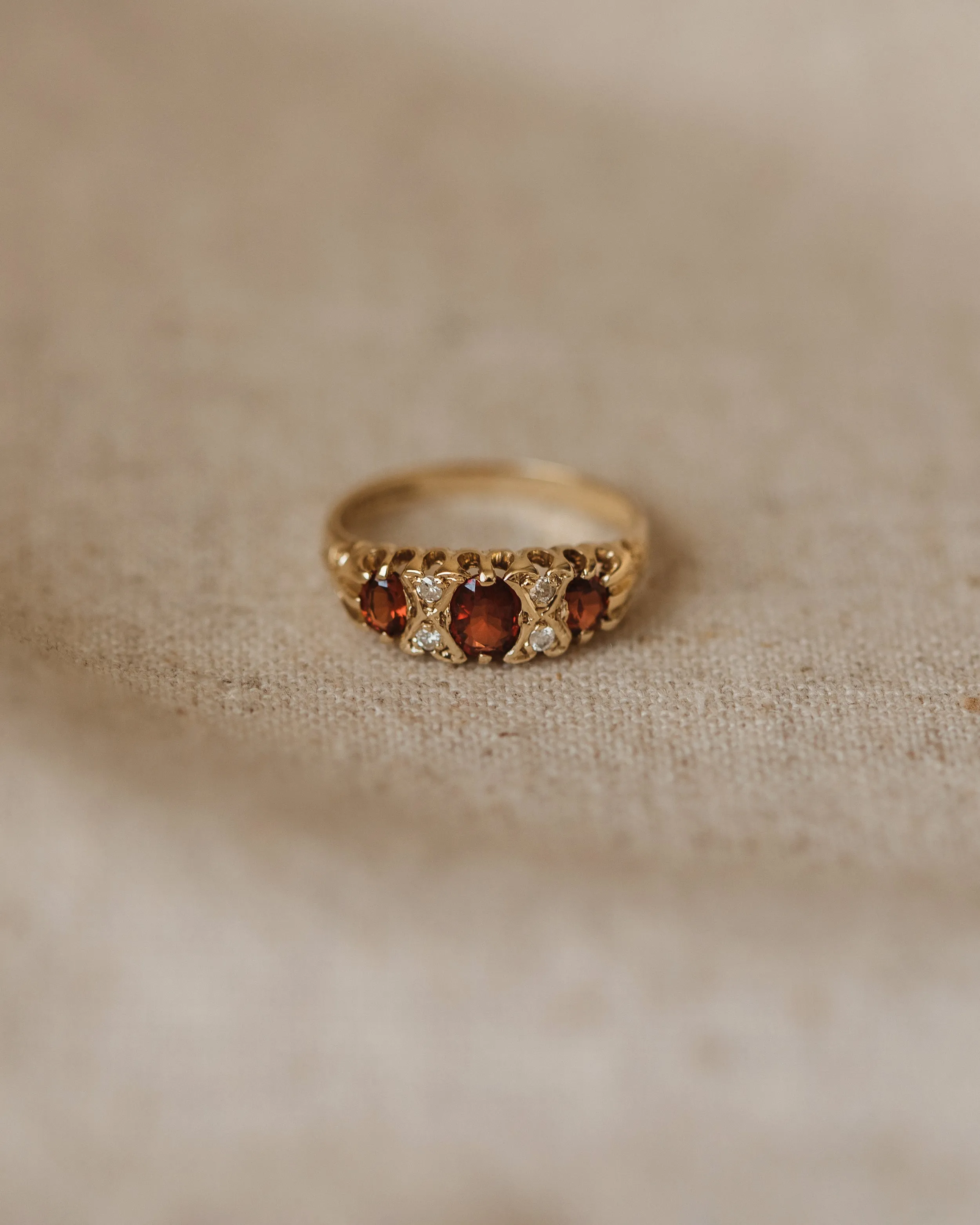 Camilla 1989 9ct Gold Garnet & Diamond Trilogy Ring sold by Rock n Rose