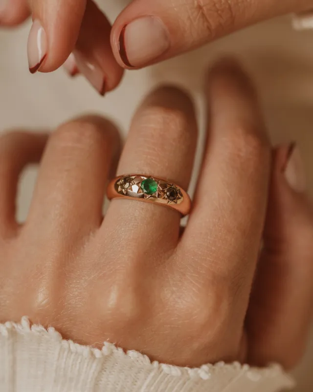 Joni Antique 9ct Gold Star Set Emerald & Diamond Trilogy Ring sold by Rock n Rose