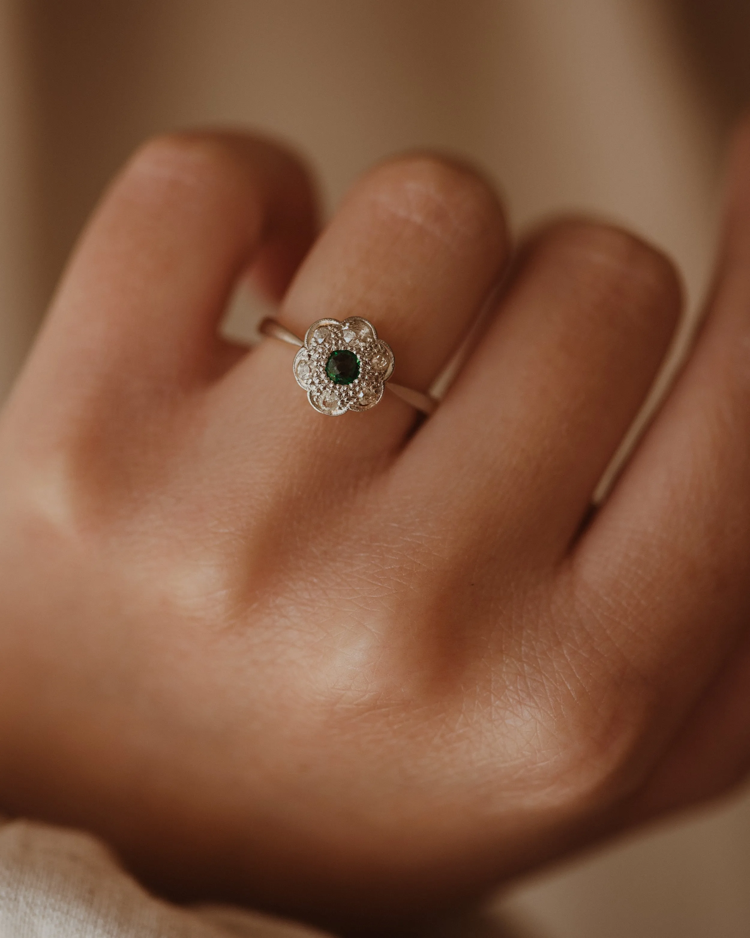 Francine Antique 18ct Gold Emerald & Diamond Flower Cluster Ring sold by Rock n Rose product image thumbnail 5