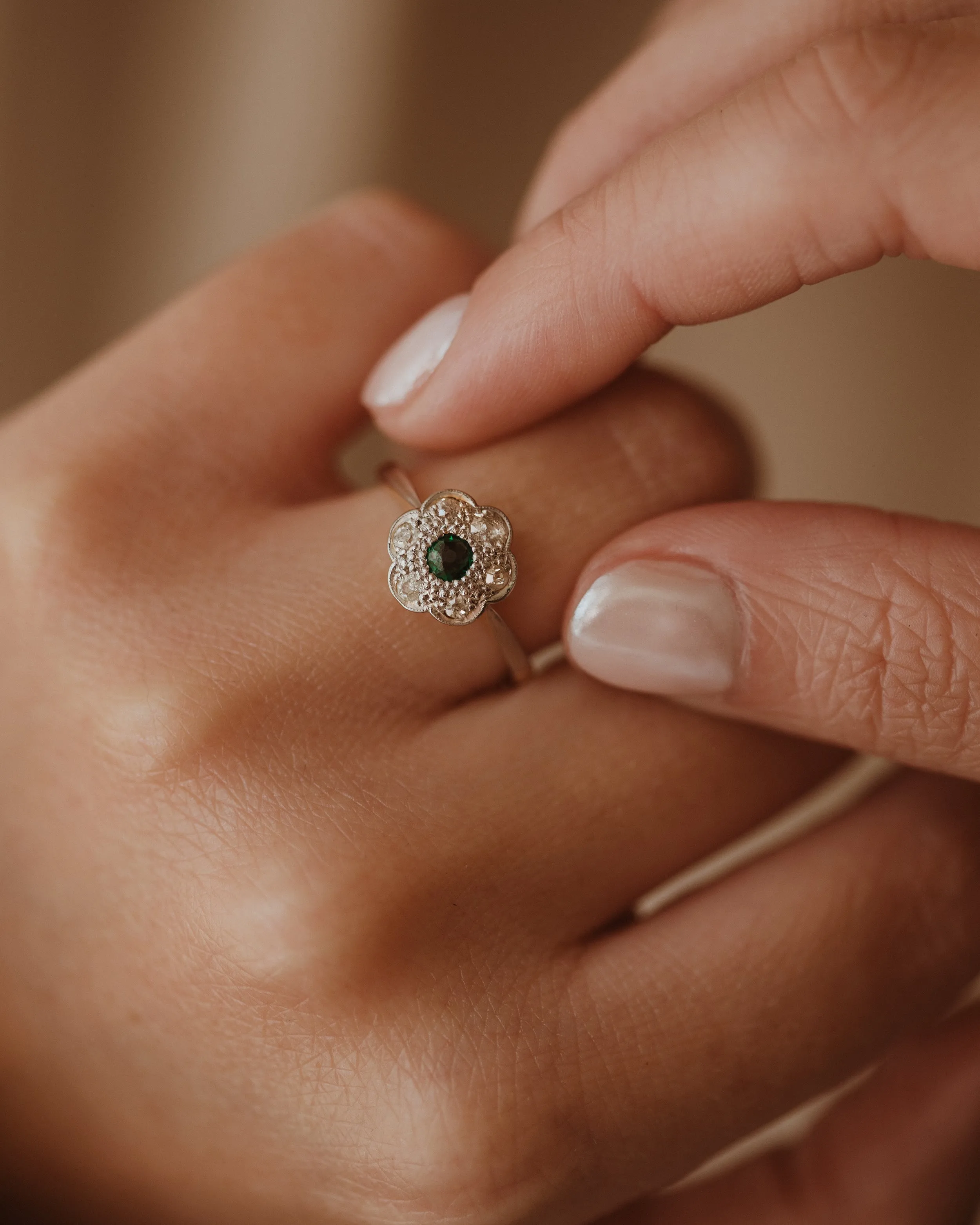 Francine Antique 18ct Gold Emerald & Diamond Flower Cluster Ring sold by Rock n Rose product image thumbnail 2