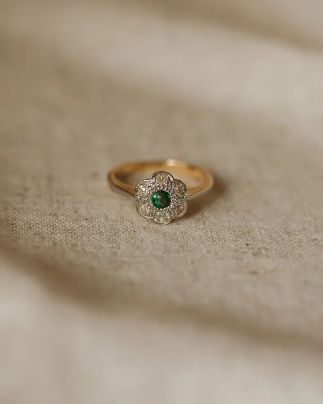 Francine Antique 18ct Gold Emerald & Diamond Flower Cluster Ring sold by Rock n Rose