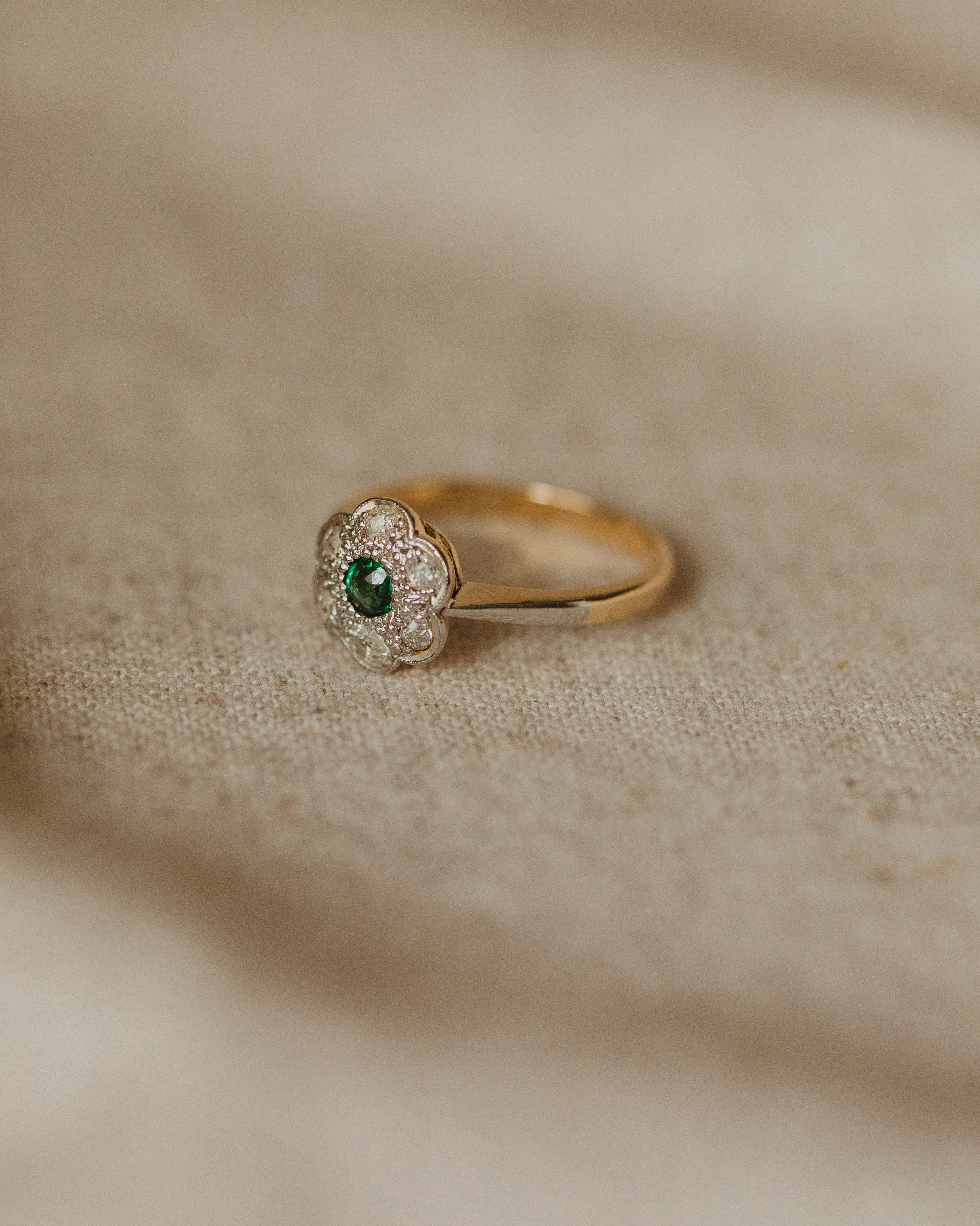 Francine Antique 18ct Gold Emerald & Diamond Flower Cluster Ring sold by Rock n Rose product image thumbnail 3