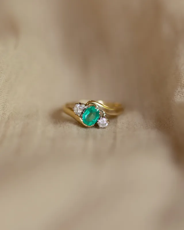 Quinn 1993 Vintage 9ct Gold Emerald & Diamond Trilogy Ring sold by Rock n Rose