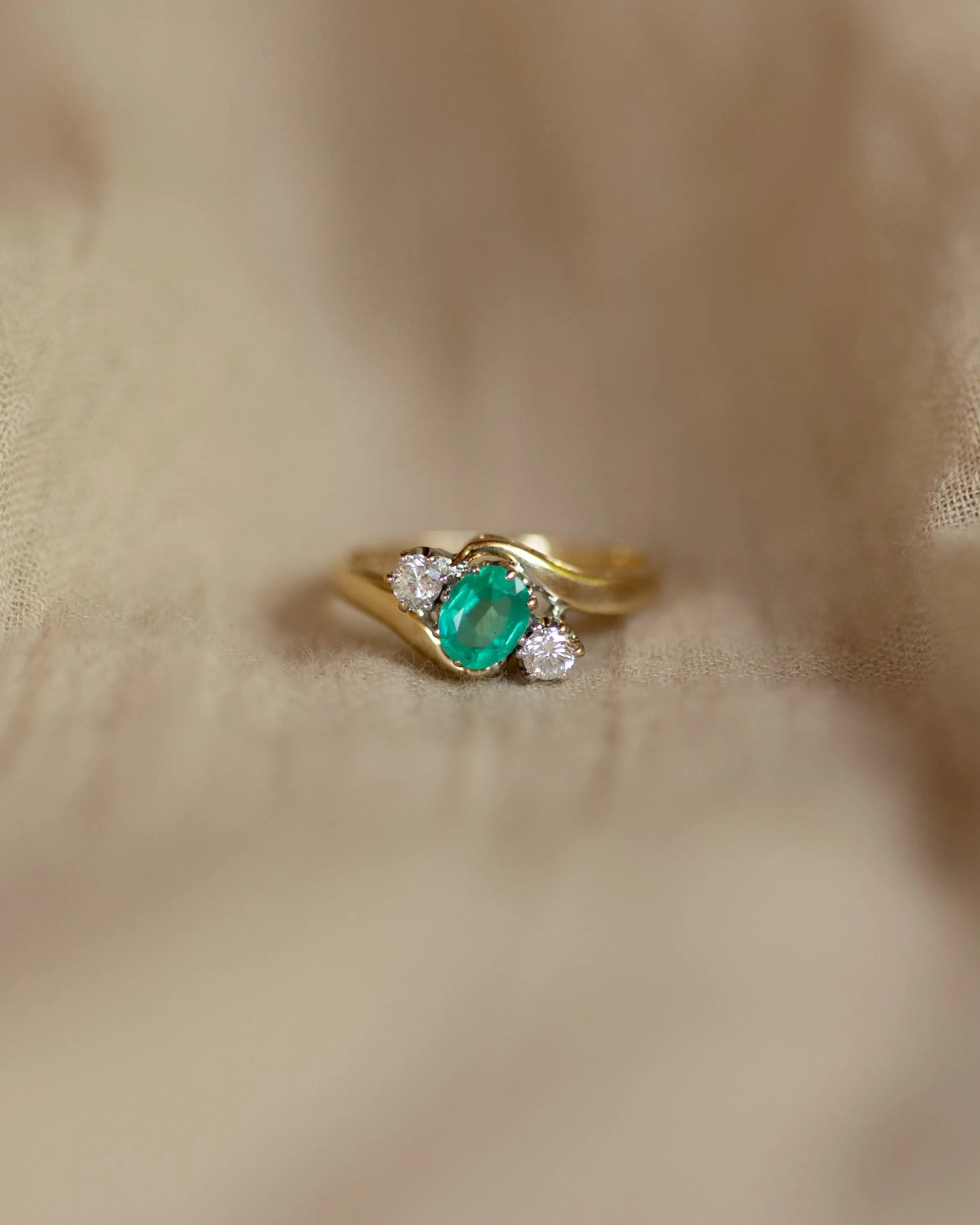 Quinn 1993 Vintage 9ct Gold Emerald & Diamond Trilogy Ring sold by Rock n Rose