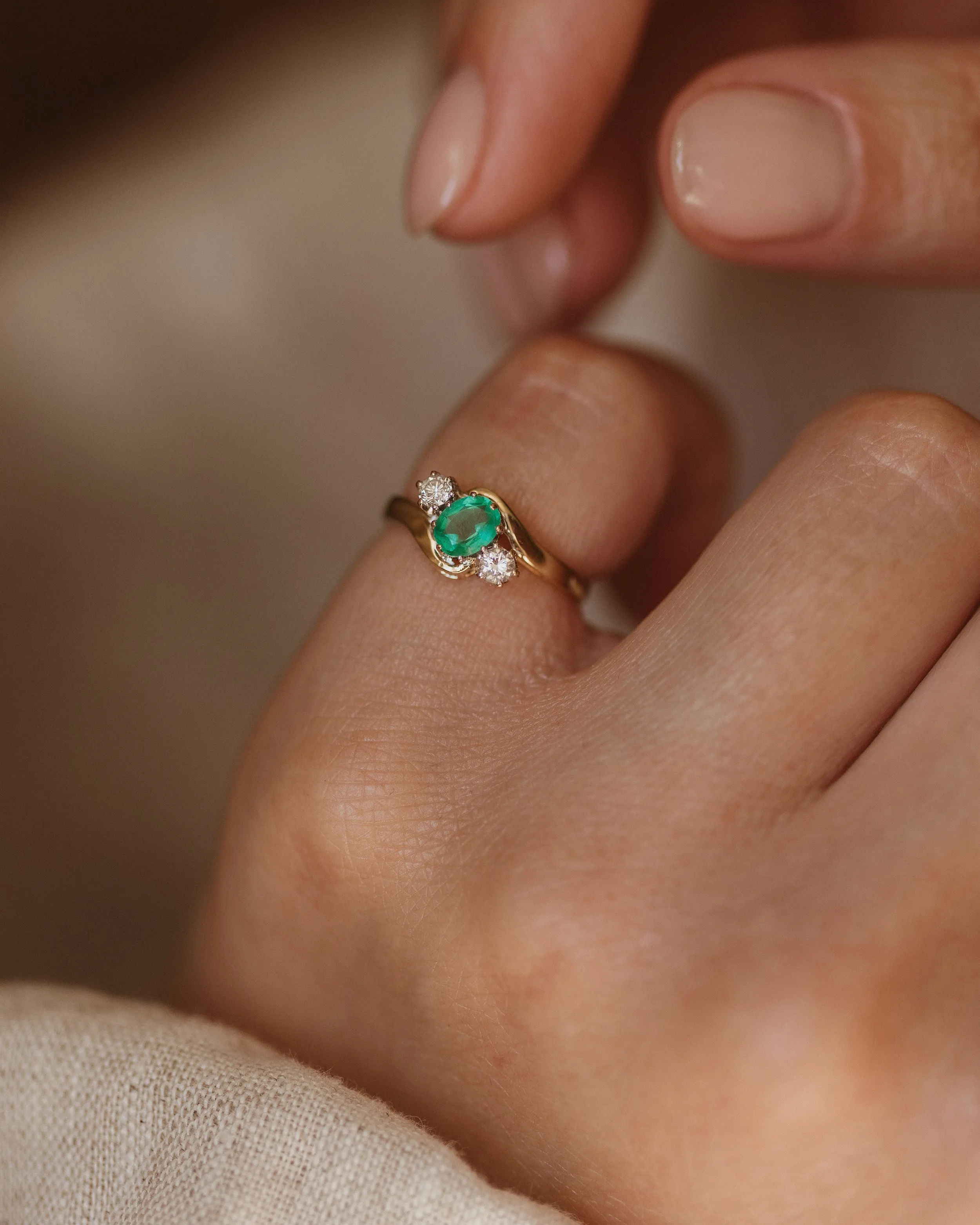 Quinn 1993 Vintage 9ct Gold Emerald & Diamond Trilogy Ring sold by Rock n Rose product image thumbnail 2