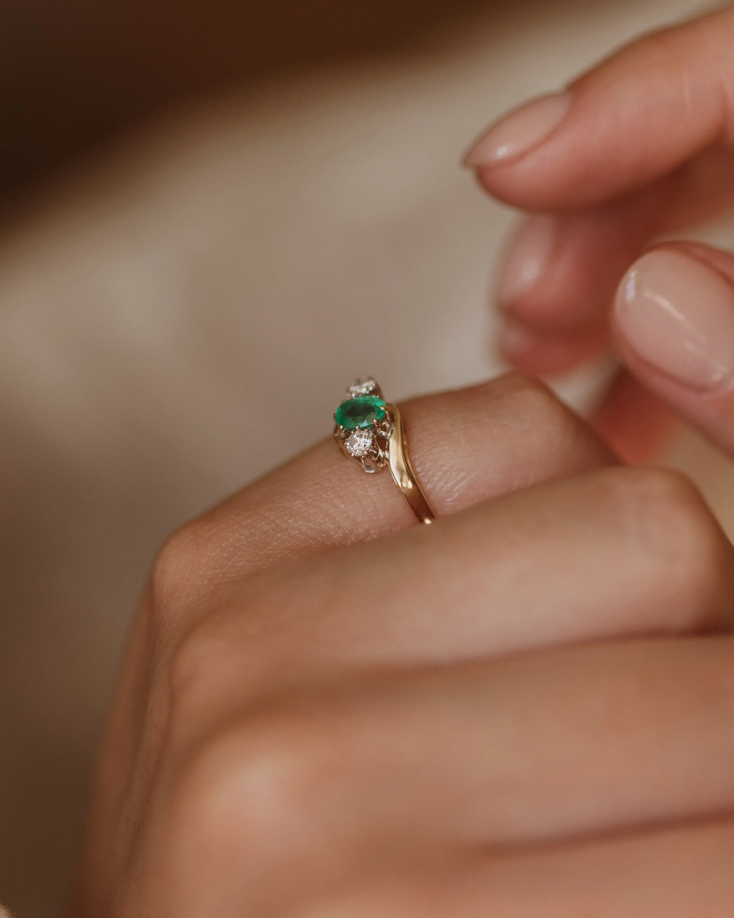 Quinn 1993 Vintage 9ct Gold Emerald & Diamond Trilogy Ring sold by Rock n Rose product image thumbnail 3