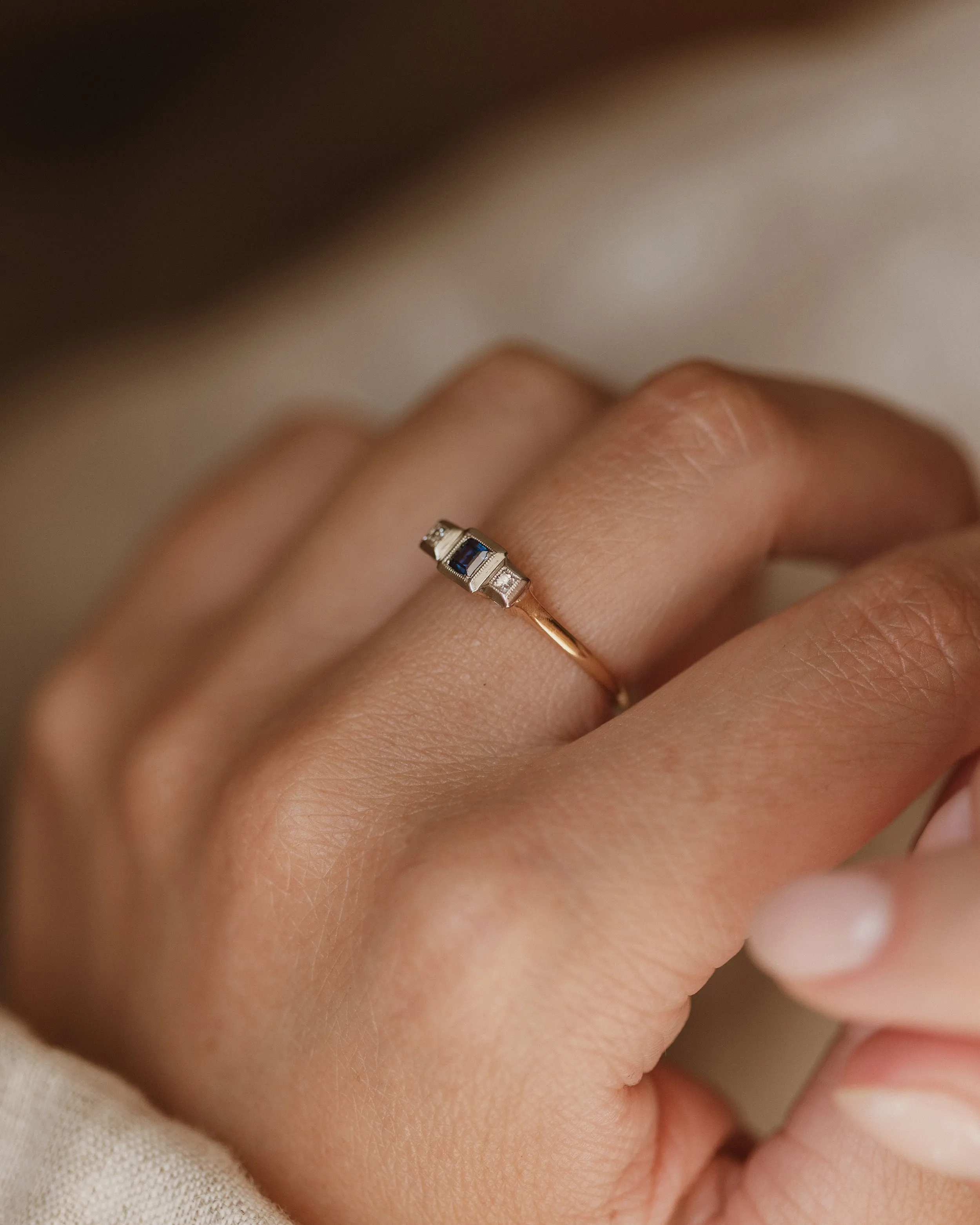 Reina Antique Art Deco 9ct Gold Sapphire & Diamond Trilogy Ring sold by Rock n Rose product image thumbnail 2