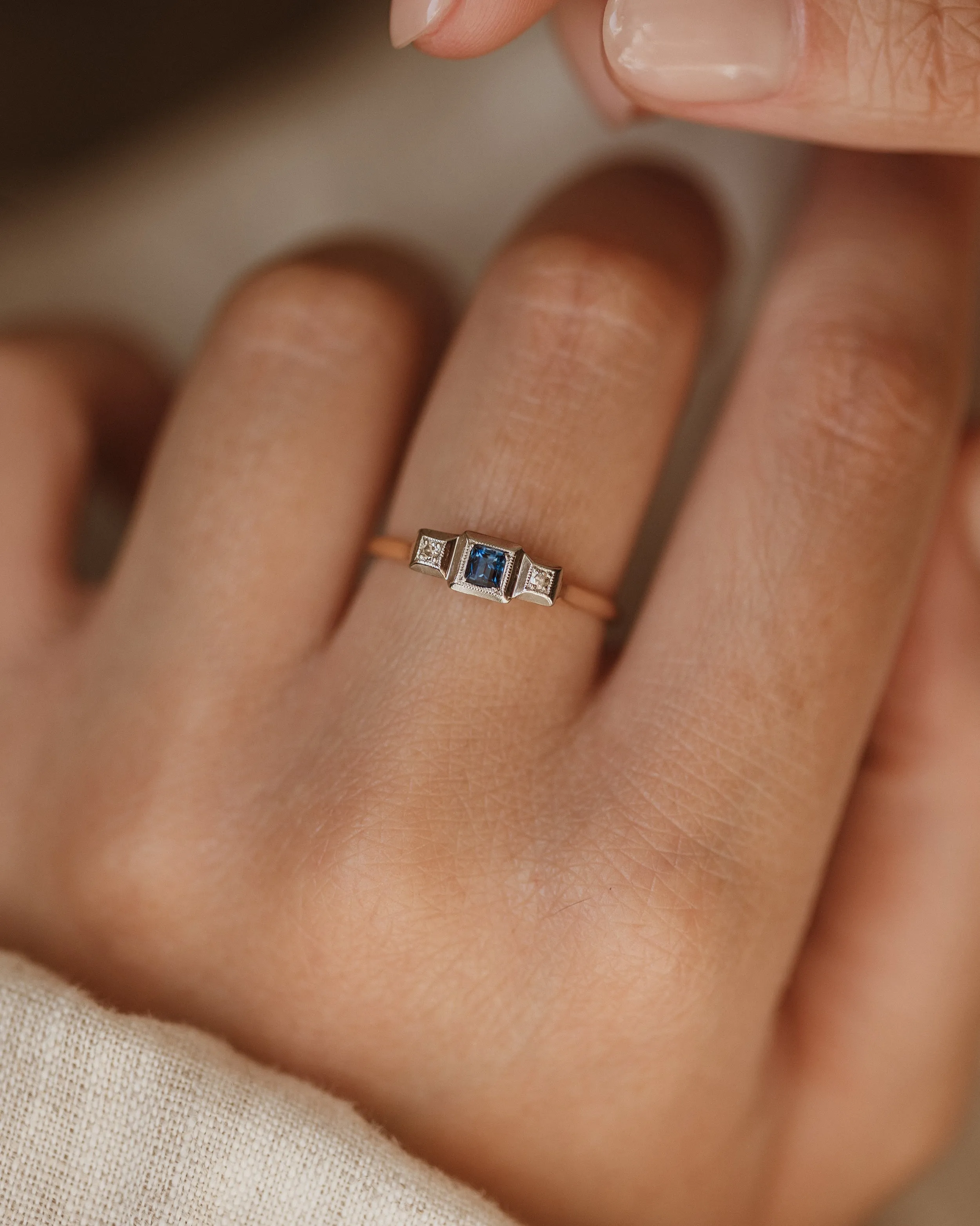 Reina Antique Art Deco 9ct Gold Sapphire & Diamond Trilogy Ring sold by Rock n Rose