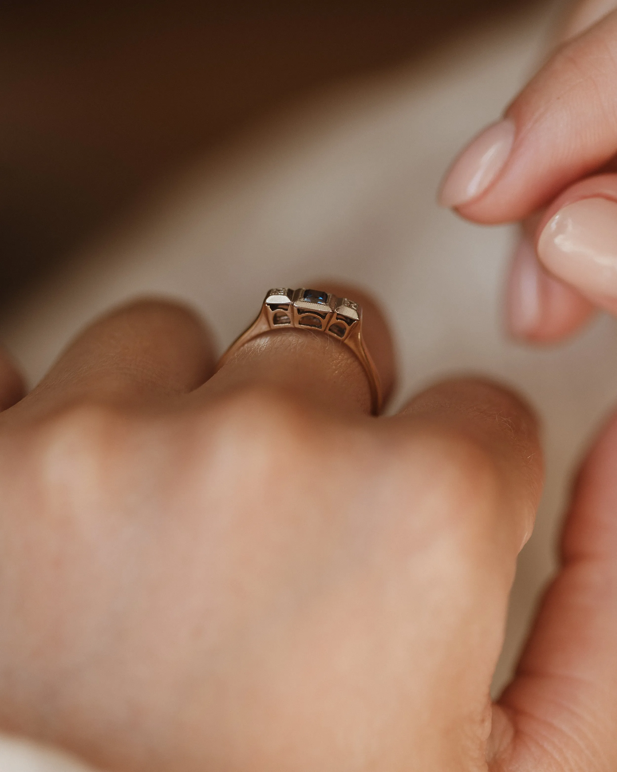 Reina Antique Art Deco 9ct Gold Sapphire & Diamond Trilogy Ring sold by Rock n Rose product image thumbnail 3