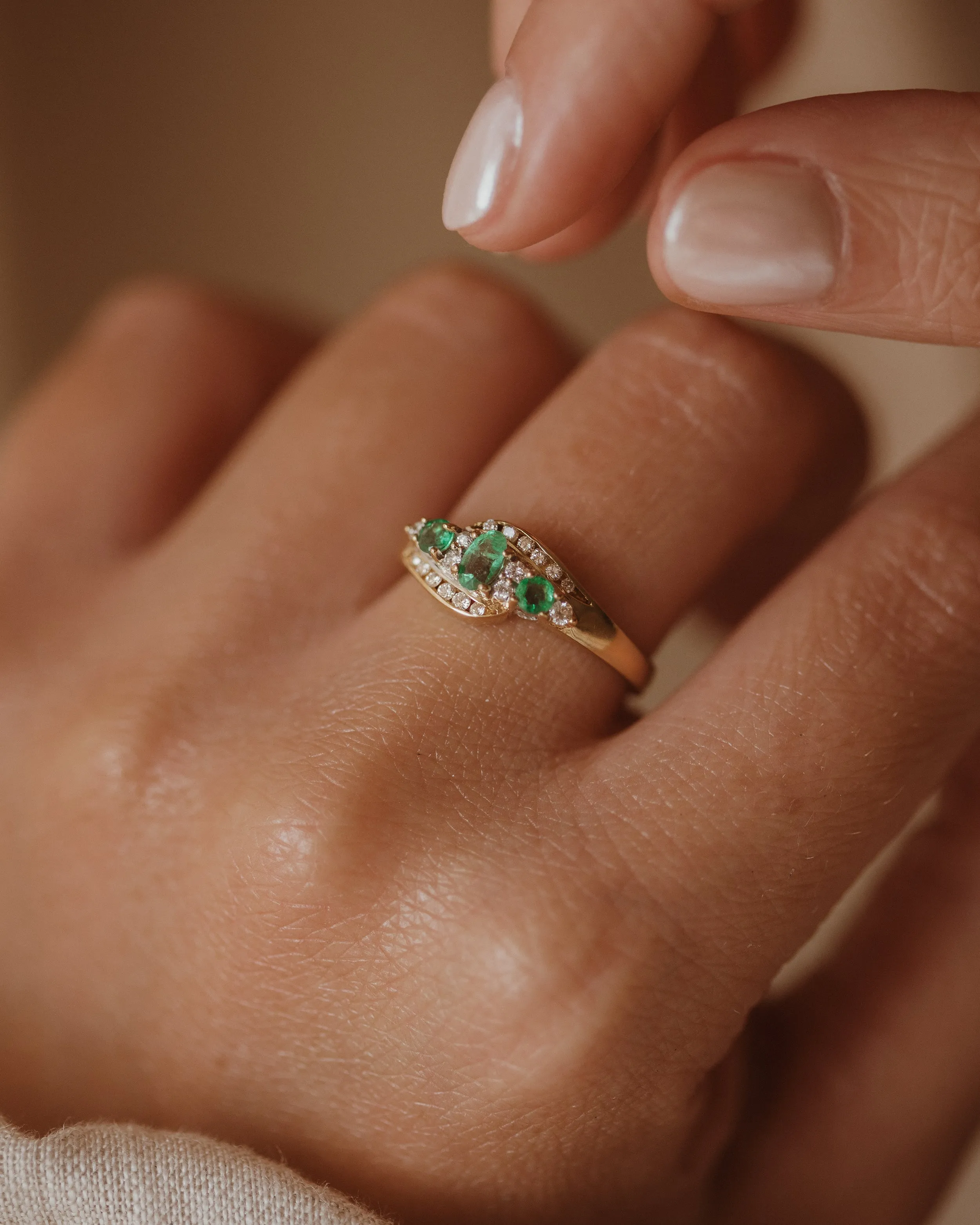 Dolores Vintage 18ct Gold Emerald & Diamond Ring sold by Rock n Rose