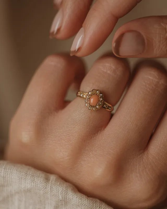 Clementine 1888 Antique 18ct Gold Coral & Pearl Cluster Ring sold by Rock n Rose