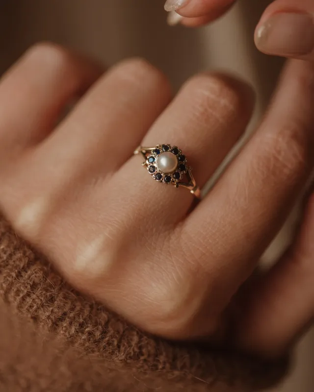 Bessie Vintage 9ct Gold Sapphire & Pearl Daisy Cluster Ring sold by Rock n Rose