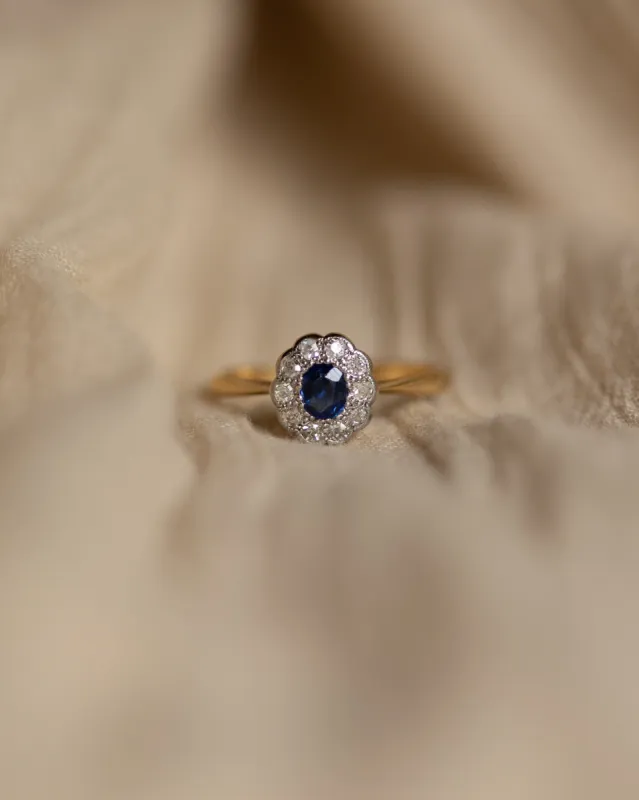 Fleur Vintage 18ct Gold Sapphire & Diamond Daisy Cluster Ring sold by Rock n Rose