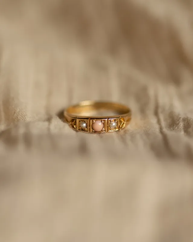 Clothilde 1897 Antique 18ct Gold Coral & Pearl Trilogy Ring sold by Rock n Rose