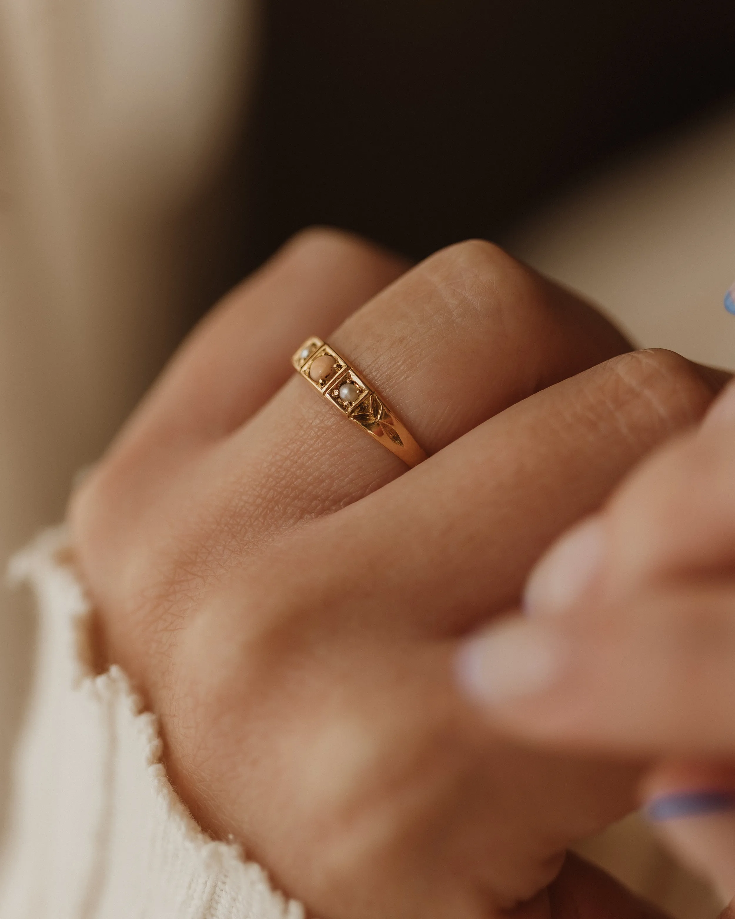 Clothilde 1897 Antique 18ct Gold Coral & Pearl Trilogy Ring sold by Rock n Rose product image thumbnail 3