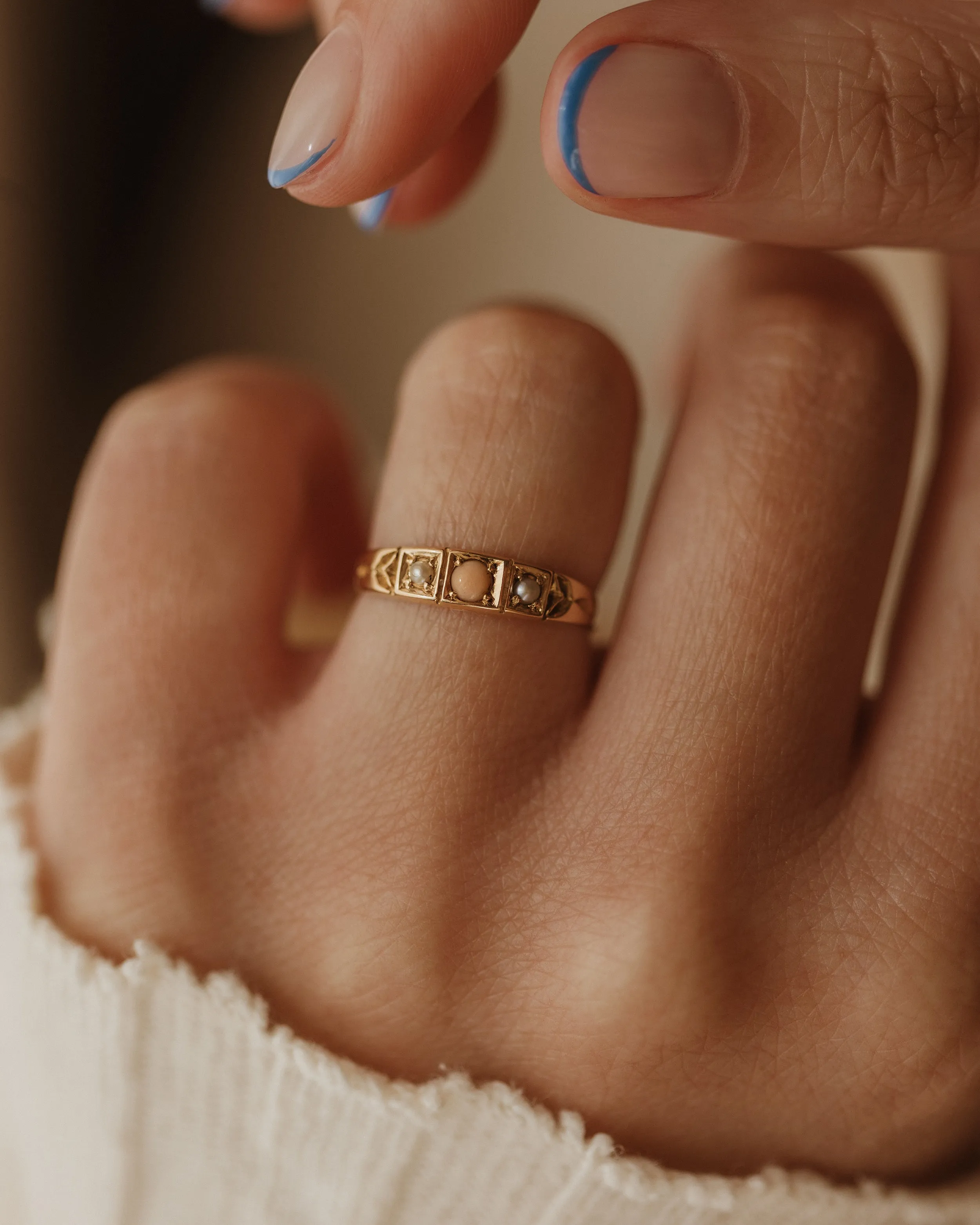 Clothilde 1897 Antique 18ct Gold Coral & Pearl Trilogy Ring sold by Rock n Rose product image thumbnail 2