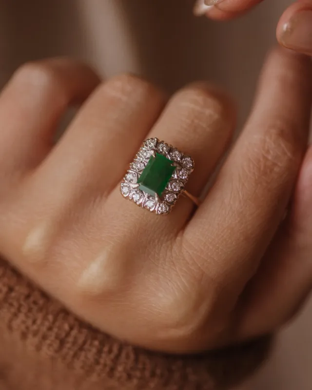 Josephine 1982 Vintage 18ct Gold Emerald & Diamond Rectangular Cluster Ring sold by Rock n Rose