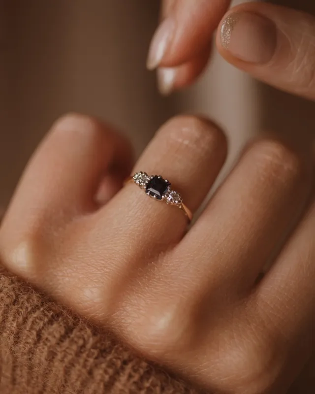 Ivy Vintage 18ct Gold Sapphire & Diamond Trilogy Ring sold by Rock n Rose