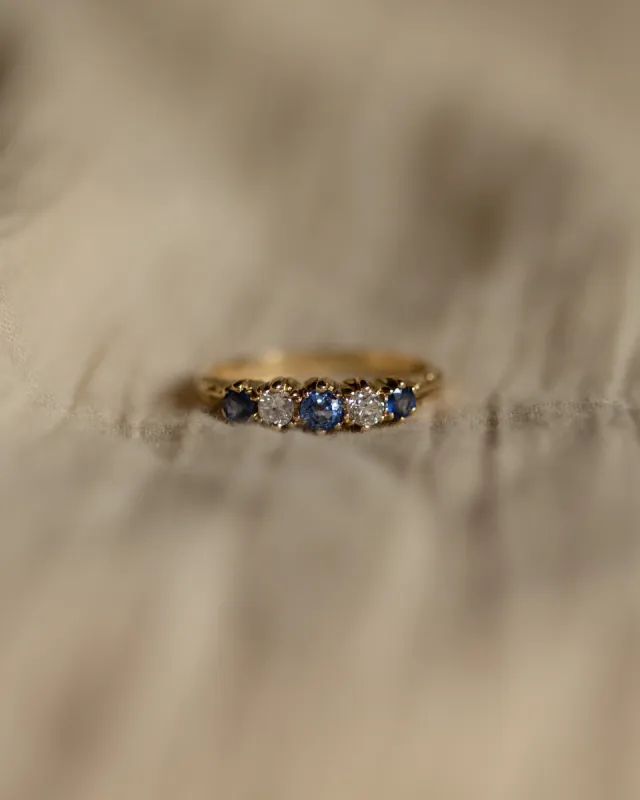 Bridget 1985 Vintage 9ct Gold Sapphire & Diamond Five Stone Ring sold by Rock n Rose