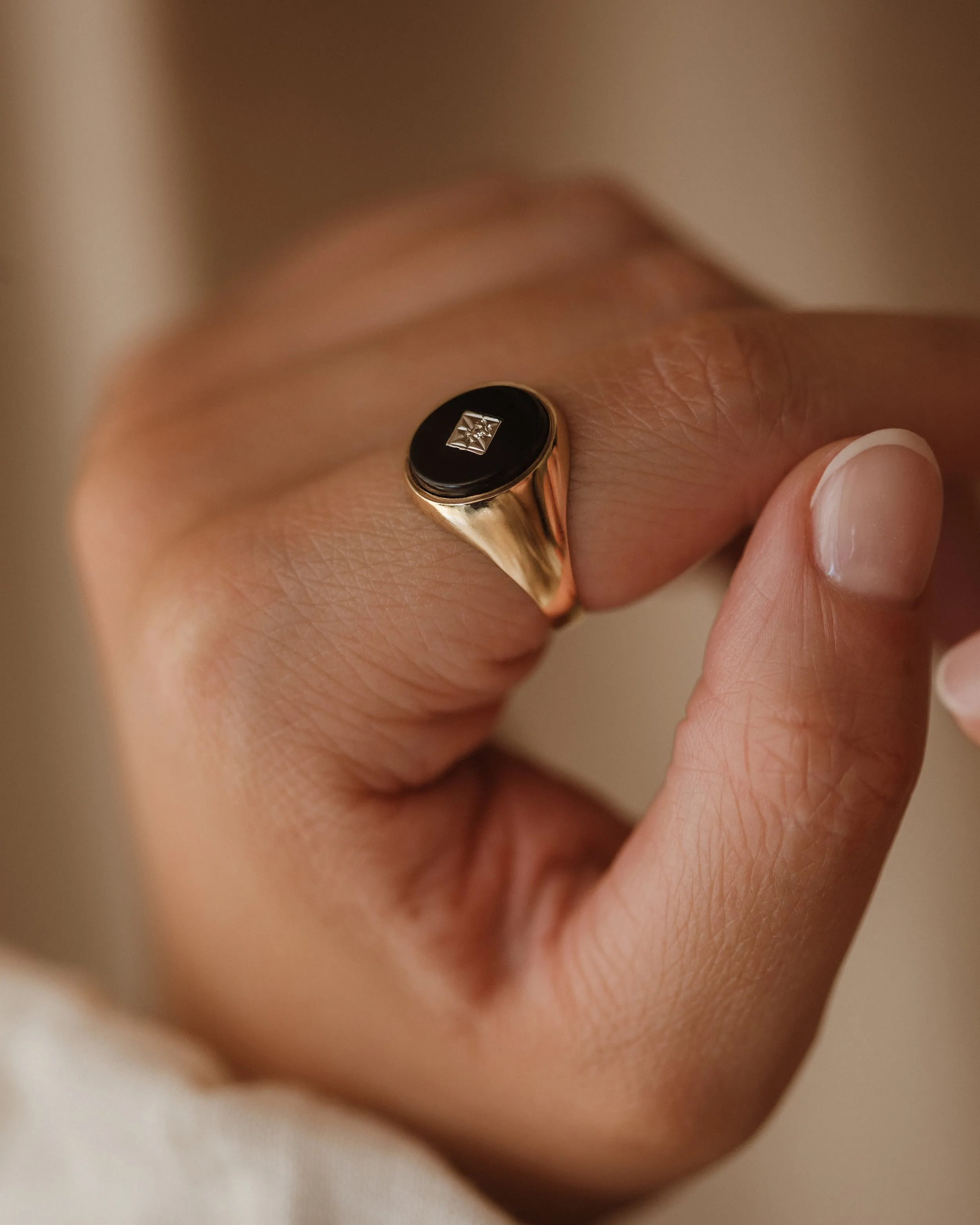 Ramona 1989 9ct Gold Onyx & Diamond Signet Ring sold by Rock n Rose