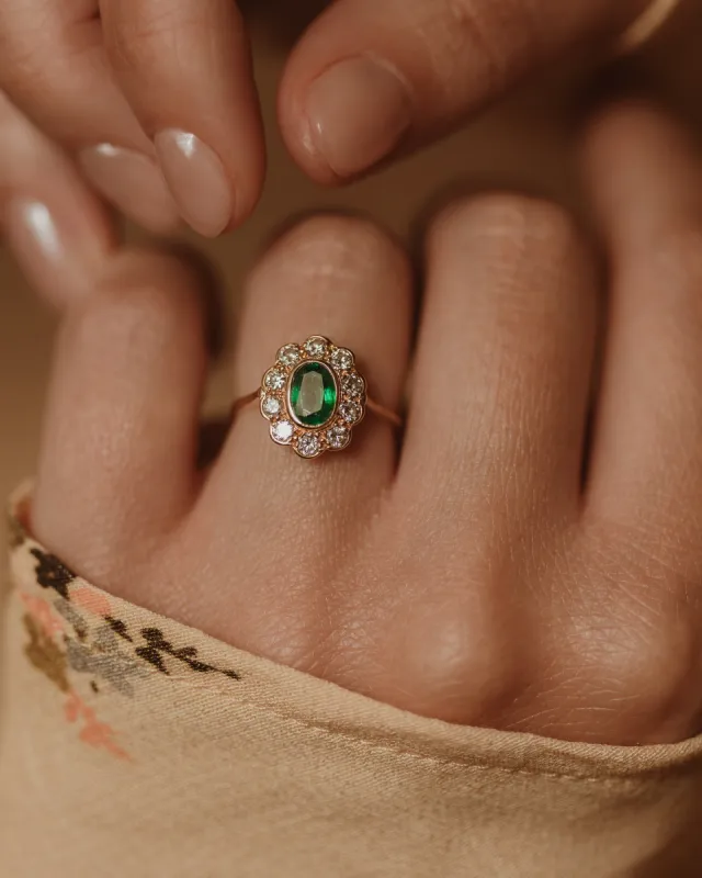 Helene 1986 Vintage 18ct Gold Emerald & Diamond Cluster Ring sold by Rock n Rose