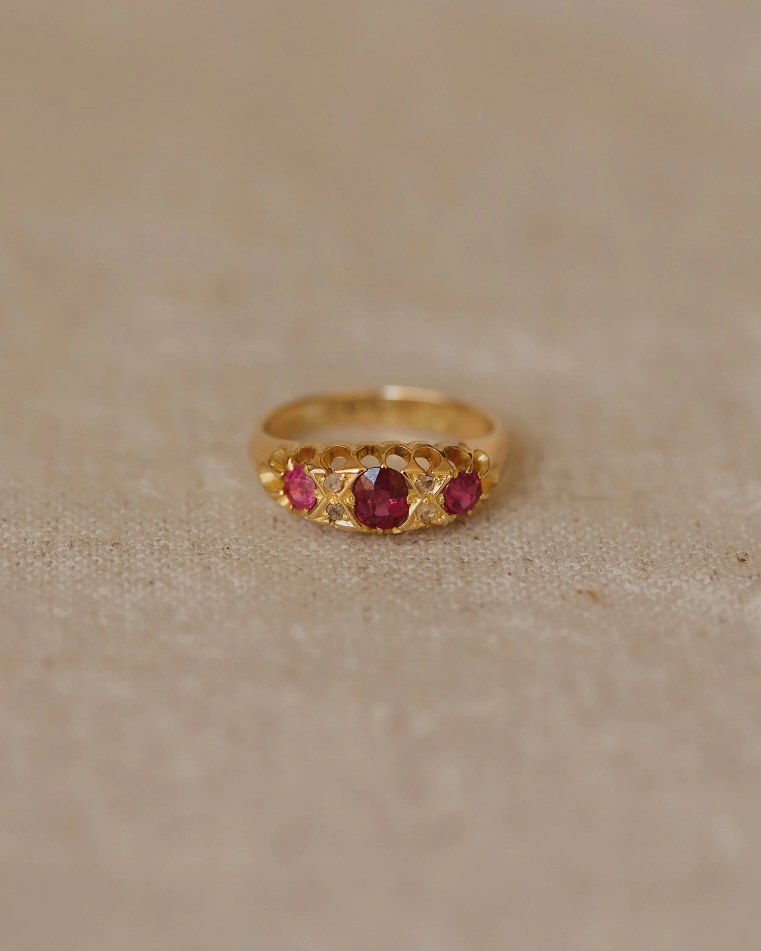 Evelyn Antique 18ct Gold Ruby & Diamond Trilogy Ring sold by Rock n Rose product image thumbnail 2
