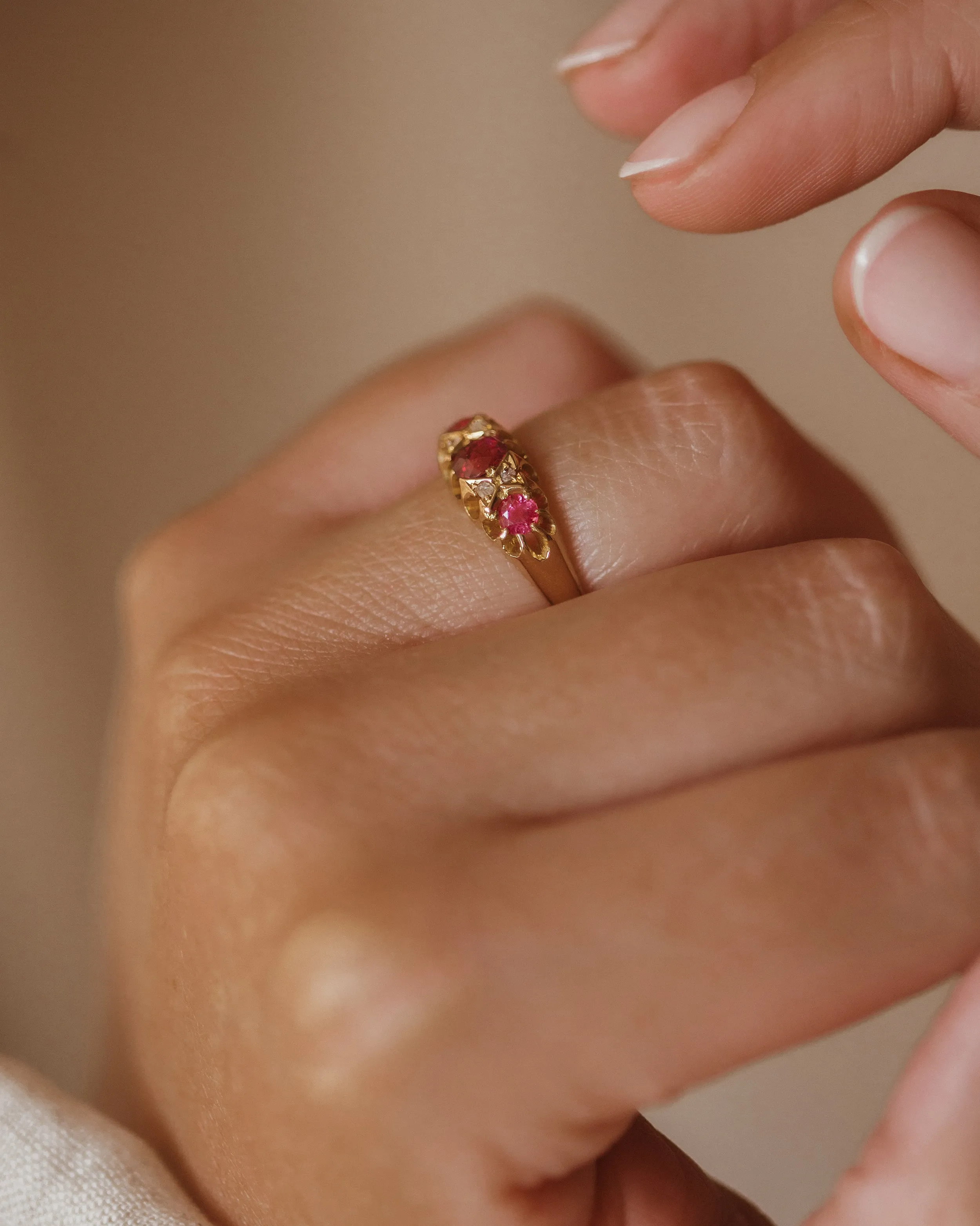 Evelyn Antique 18ct Gold Ruby & Diamond Trilogy Ring sold by Rock n Rose product image thumbnail 3