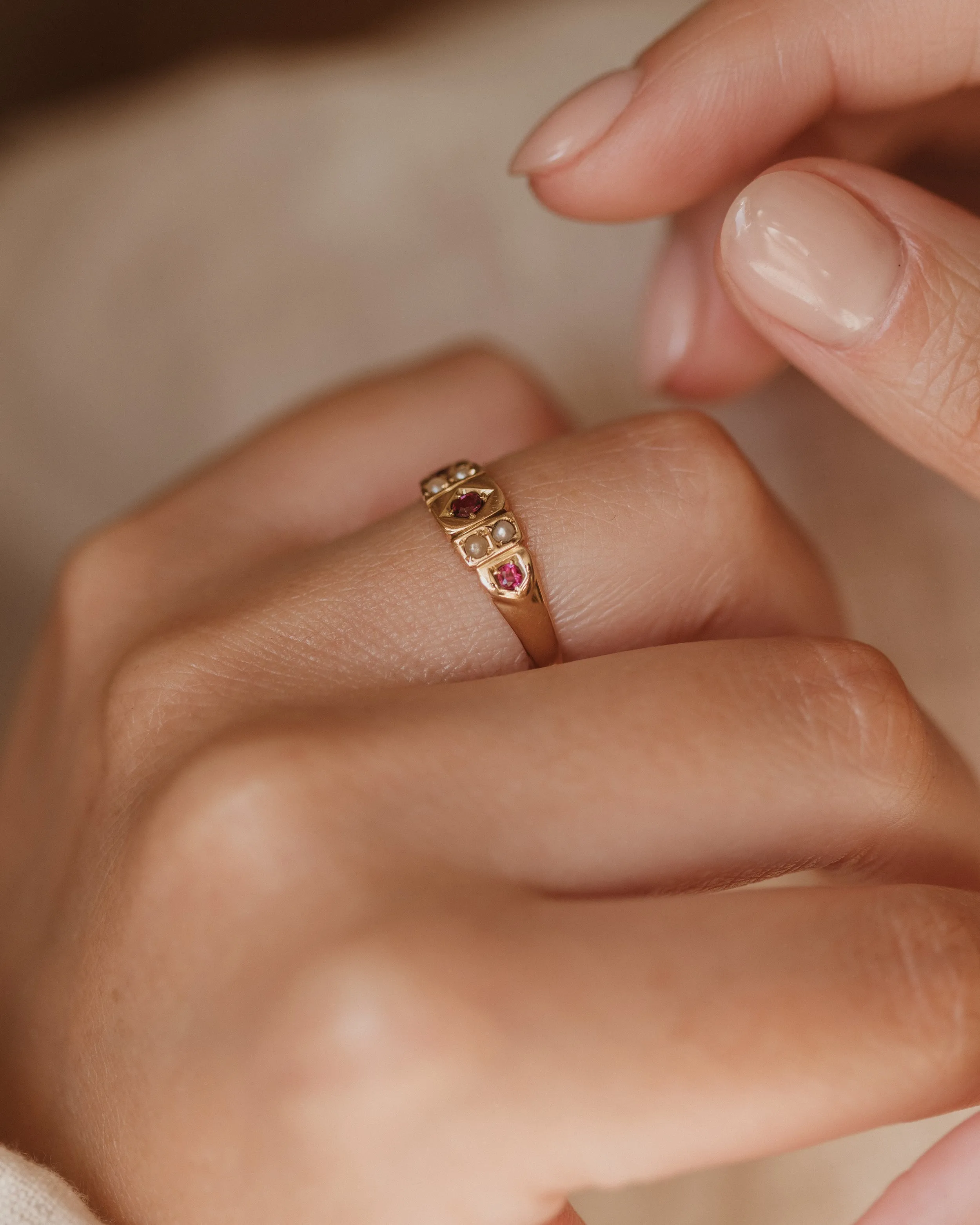 Adelaide Antique 18ct Gold Ruby & Pearl Seven Stone Ring sold by Rock n Rose product image thumbnail 3