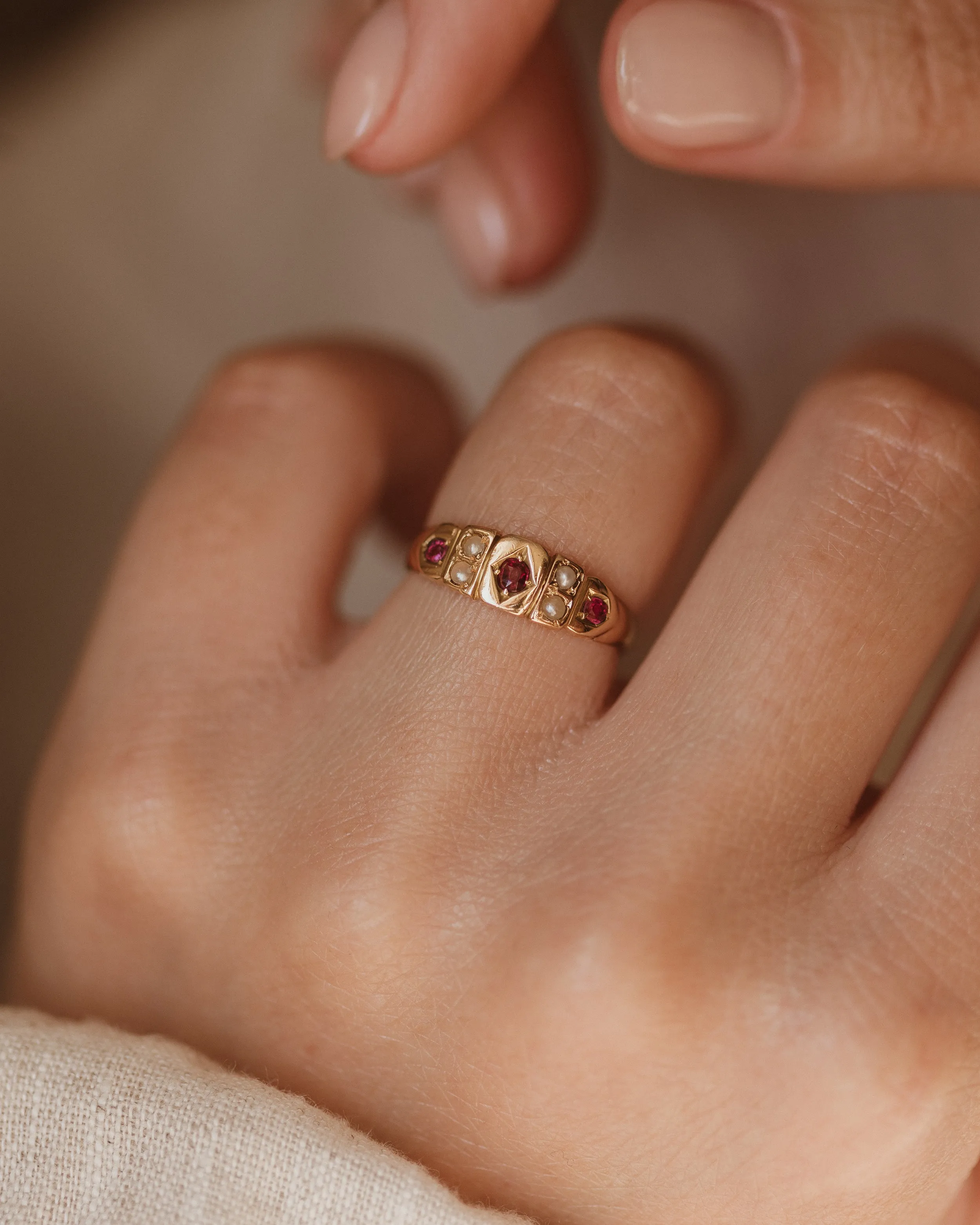 Adelaide Antique 18ct Gold Ruby & Pearl Seven Stone Ring sold by Rock n Rose product image thumbnail 2