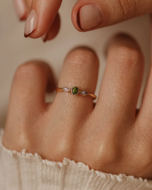 Ottiline Antique 18ct Gold Peridot & Diamond Trilogy Ring sold by Rock n Rose