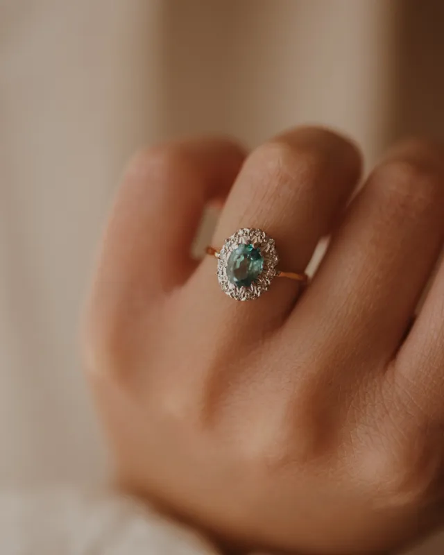 Phyllis 1967 18ct Gold Blue Zircon & Diamond Cluster Ring sold by Rock n Rose