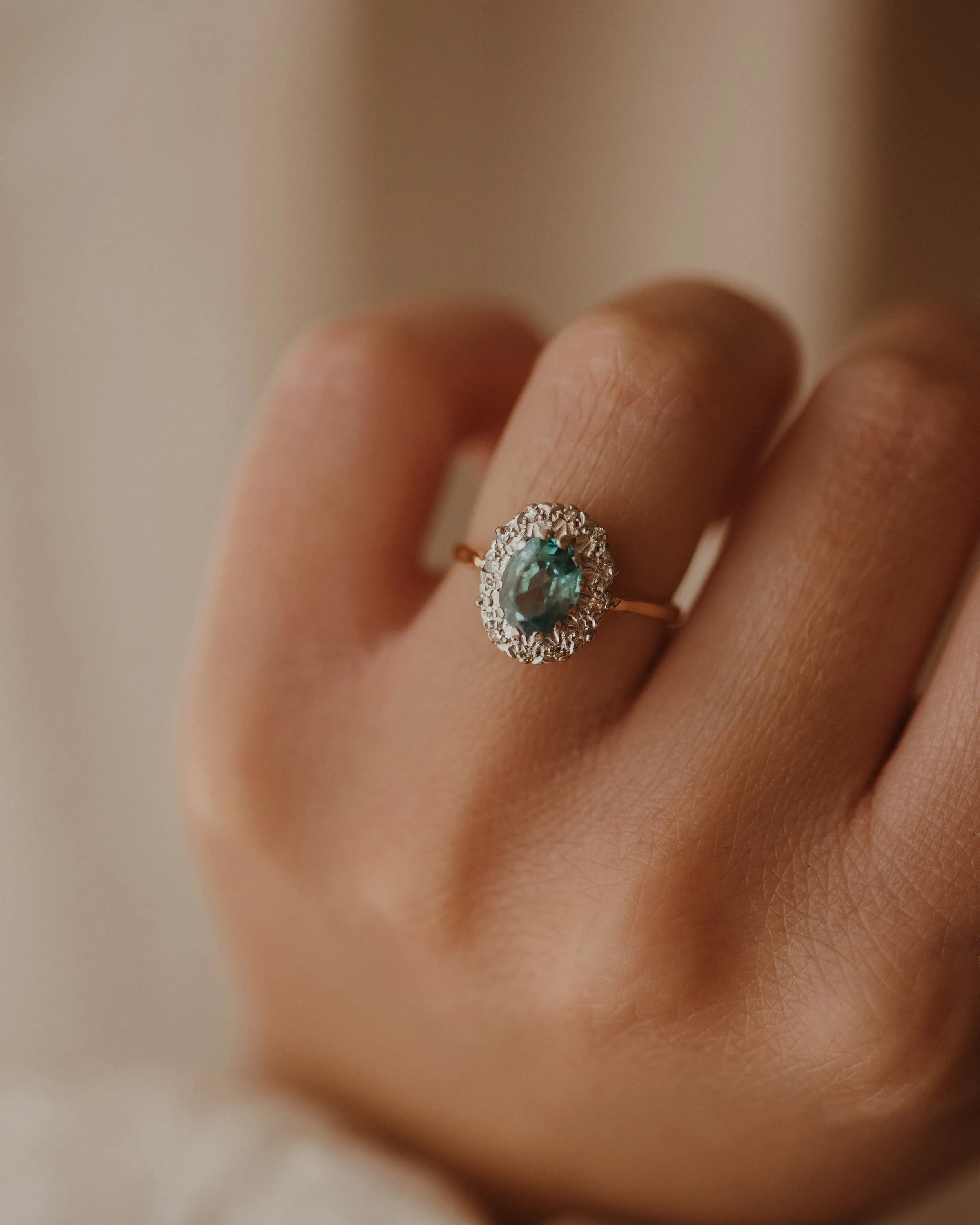 Phyllis 1967 18ct Gold Blue Zircon & Diamond Cluster Ring sold by Rock n Rose