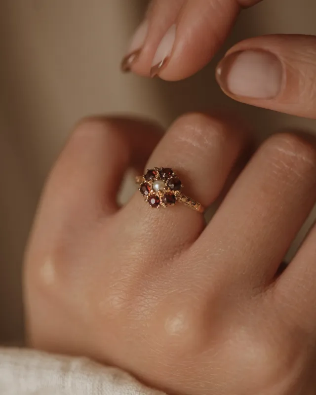Maggie 1975 Vintage 9ct Gold Garnet & Pearl Cluster Ring sold by Rock n Rose
