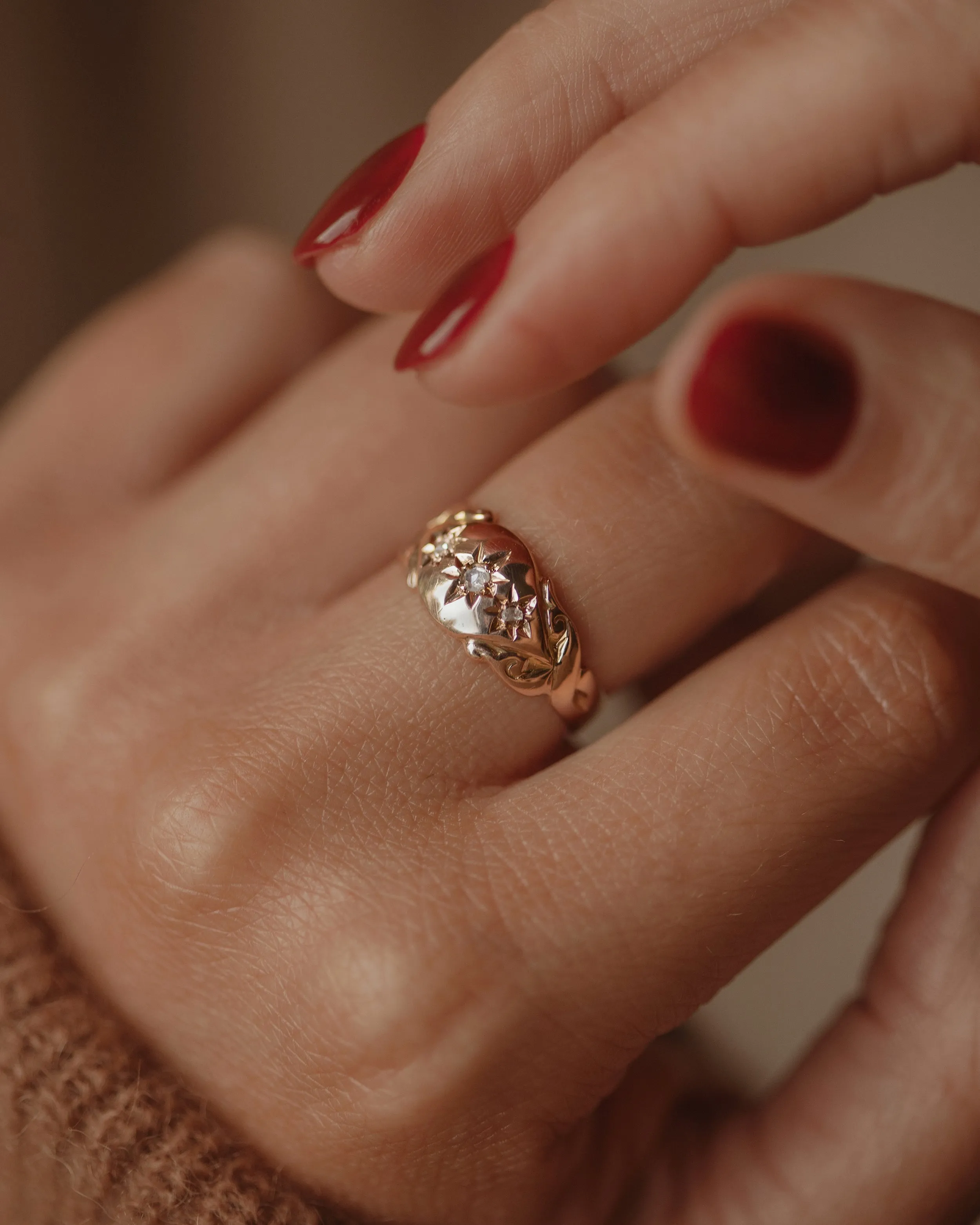 Winnie 1918 Antique 9ct Gold Star Set Diamond Trilogy Ring sold by Rock n Rose product image thumbnail 2