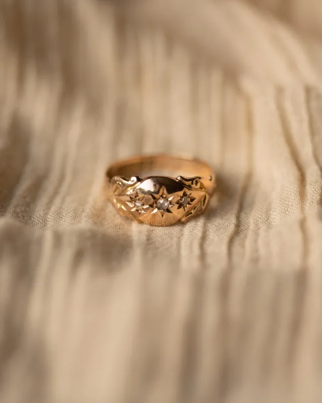 Winnie 1918 Antique 9ct Gold Star Set Diamond Trilogy Ring sold by Rock n Rose