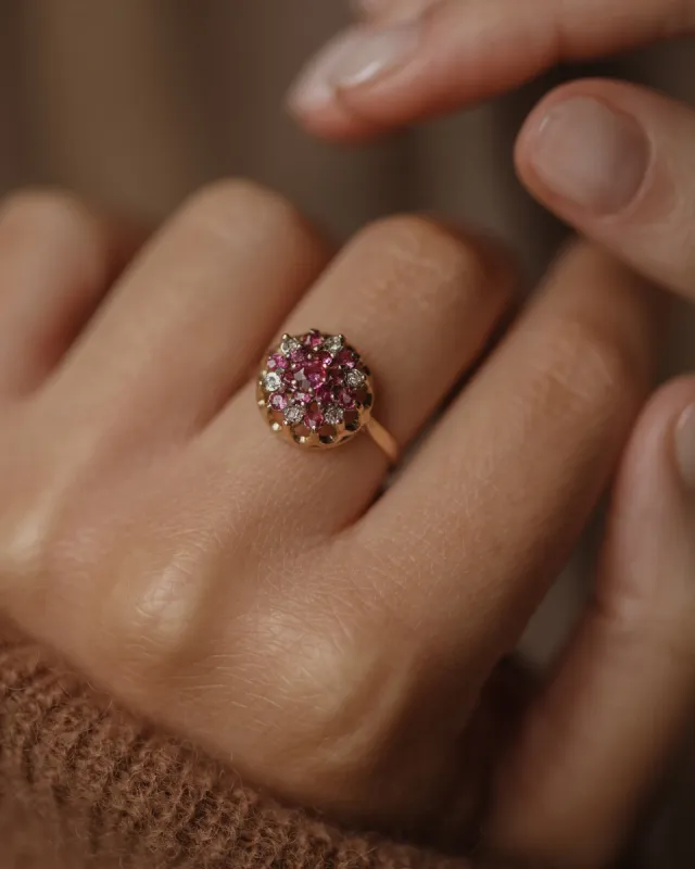 Trudy 1973 Vintage 9ct Gold Ruby & Diamond Cluster Ring sold by Rock n Rose