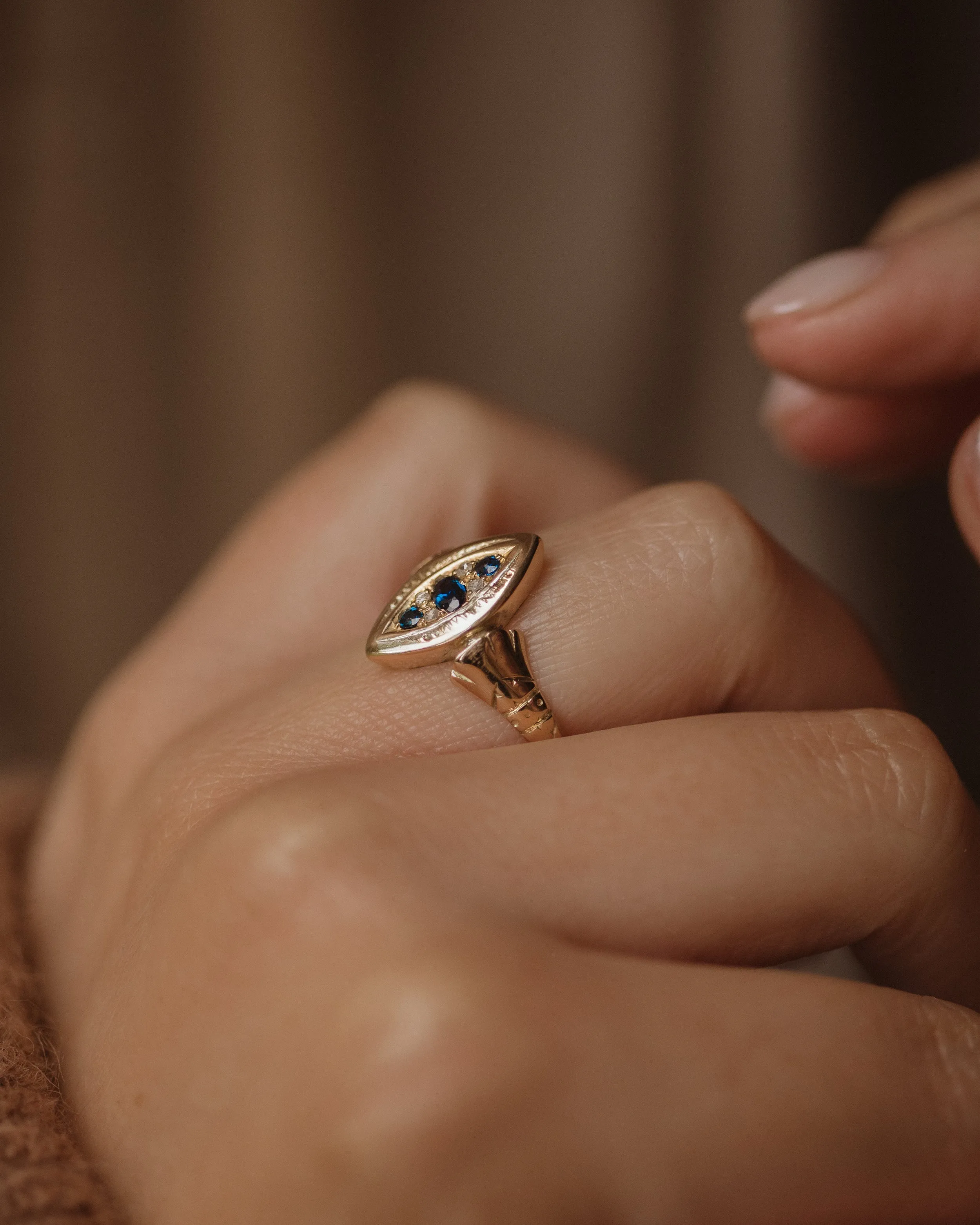 Carmen Antique Victorian 18ct Gold Sapphire & Diamond Marquise Ring sold by Rock n Rose product image thumbnail 2