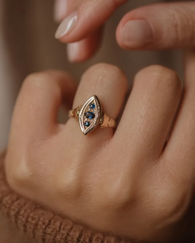 Carmen Antique Victorian 18ct Gold Sapphire & Diamond Marquise Ring sold by Rock n Rose
