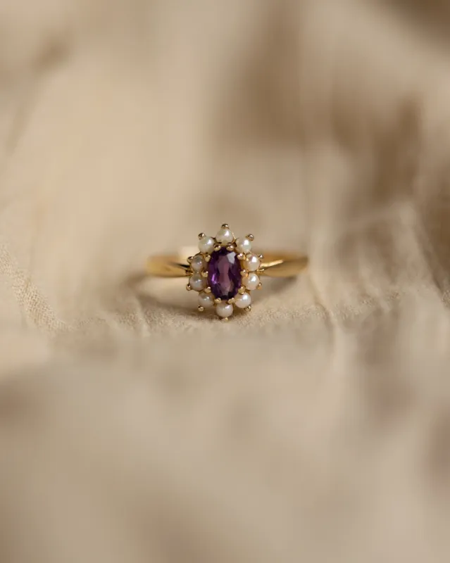 Tabitha 1987 Vintage 9ct Gold Amethyst & Pearl Cluster Ring sold by Rock n Rose