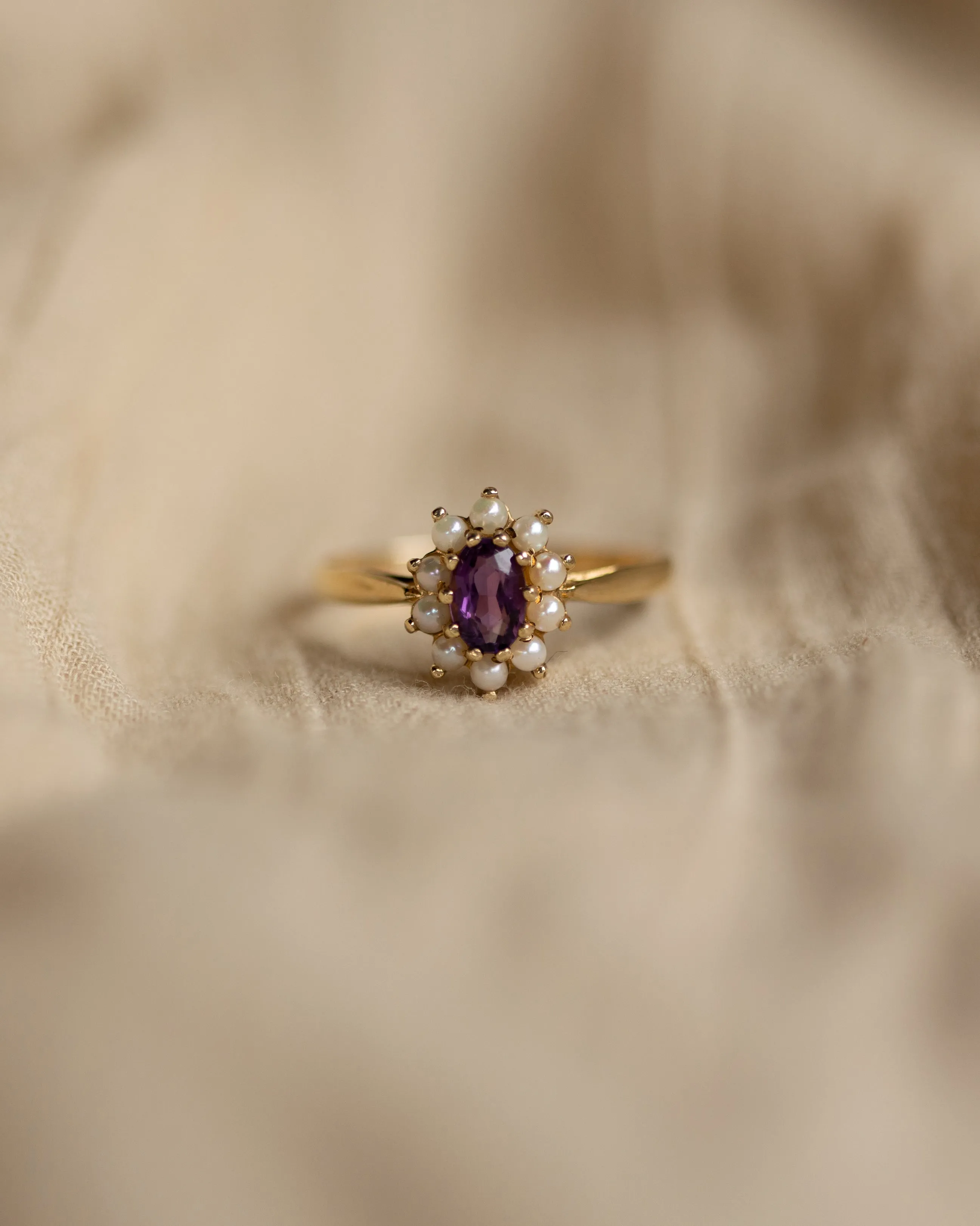 Tabitha 1987 Vintage 9ct Gold Amethyst & Pearl Cluster Ring sold by Rock n Rose