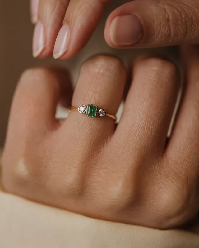 Marjorie Vintage 18ct Gold Emerald & Diamond Trilogy Ring sold by Rock n Rose