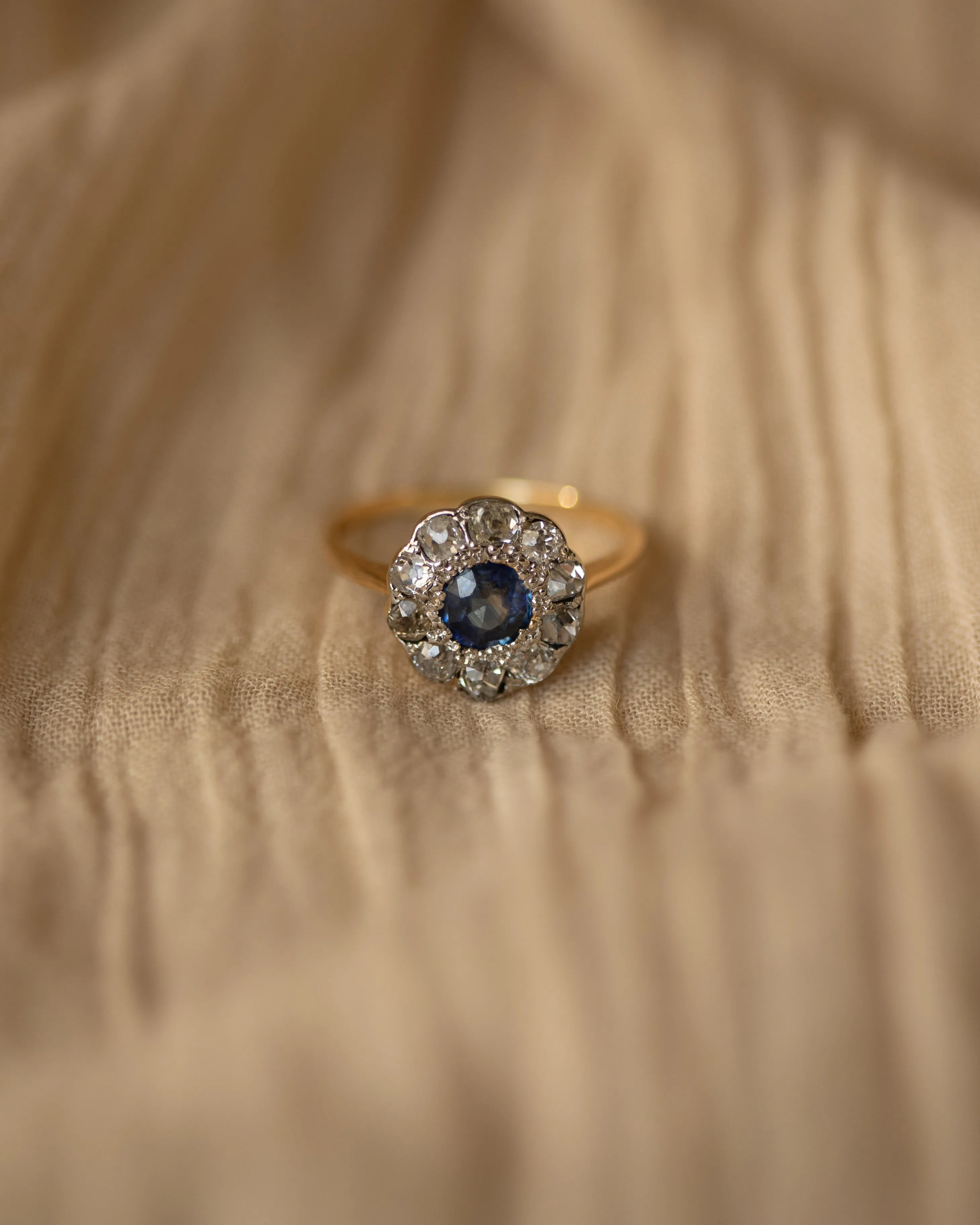 Celeste Antique 18ct Gold Sapphire & Diamond Daisy Cluster Ring sold by Rock n Rose