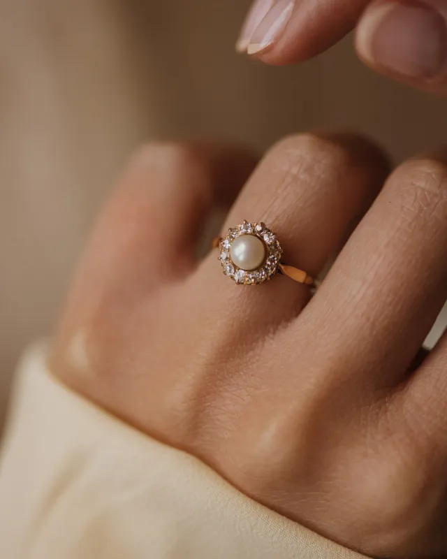 Georgina 1976 Vintage 9ct Gold Pearl & Diamond Cluster Ring sold by Rock n Rose