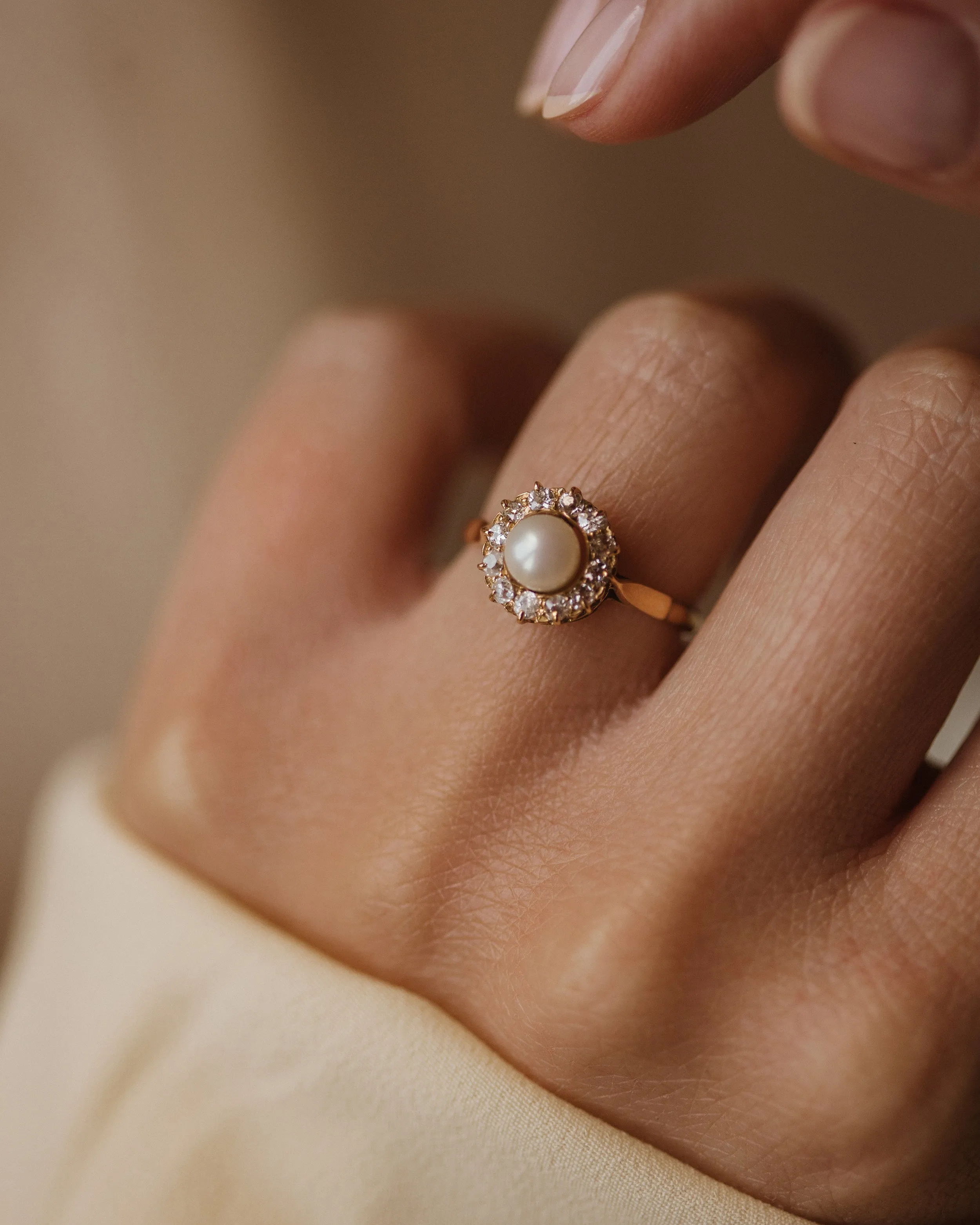 Georgina 1976 Vintage 9ct Gold Pearl & Diamond Cluster Ring sold by Rock n Rose