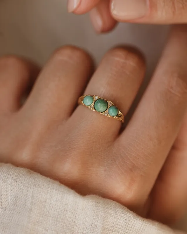 Irene 1975 Vintage 18ct Gold Turquoise & Diamond Trilogy Ring sold by Rock n Rose