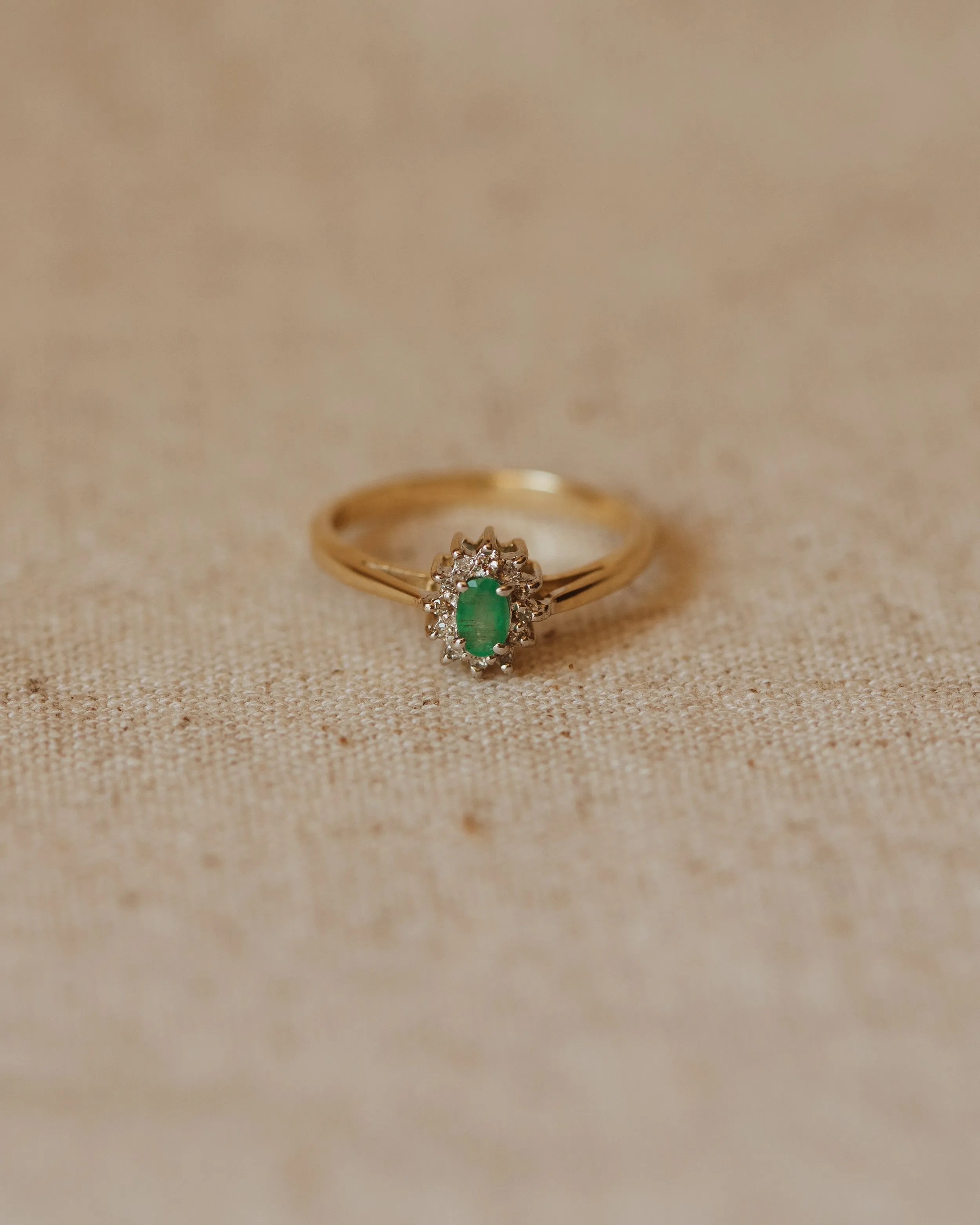 Rosanna Vintage 9ct Gold Emerald & Diamond Cluster Ring sold by Rock n Rose