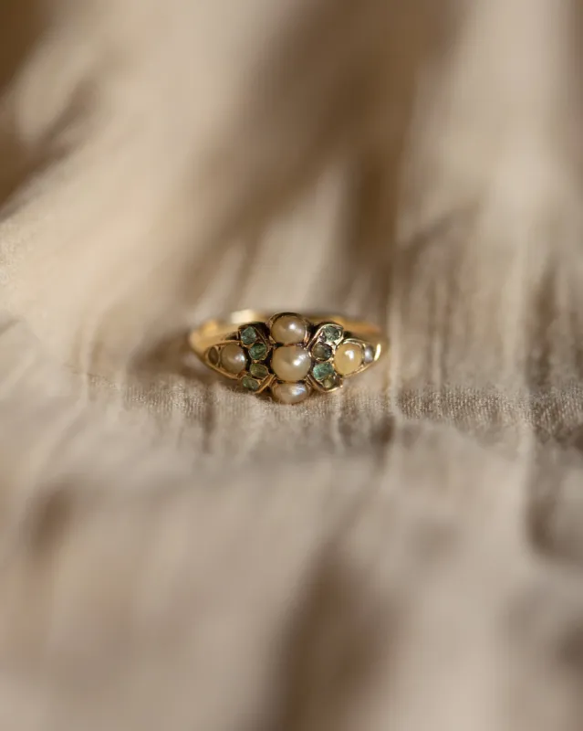 Myrtle Antique Victorian 9ct Gold Beryl & Pearl Cluster Ring sold by Rock n Rose