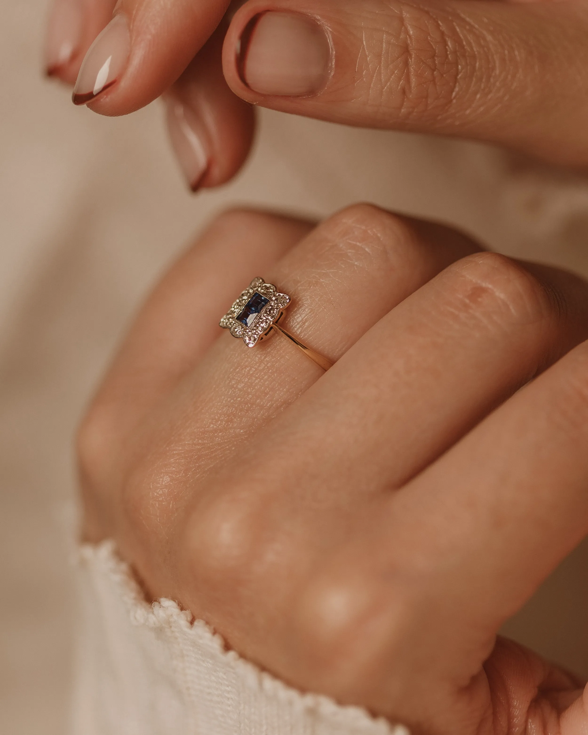 Primrose Antique 18ct Gold Sapphire & Diamond Square Cluster Ring sold by Rock n Rose product image thumbnail 3