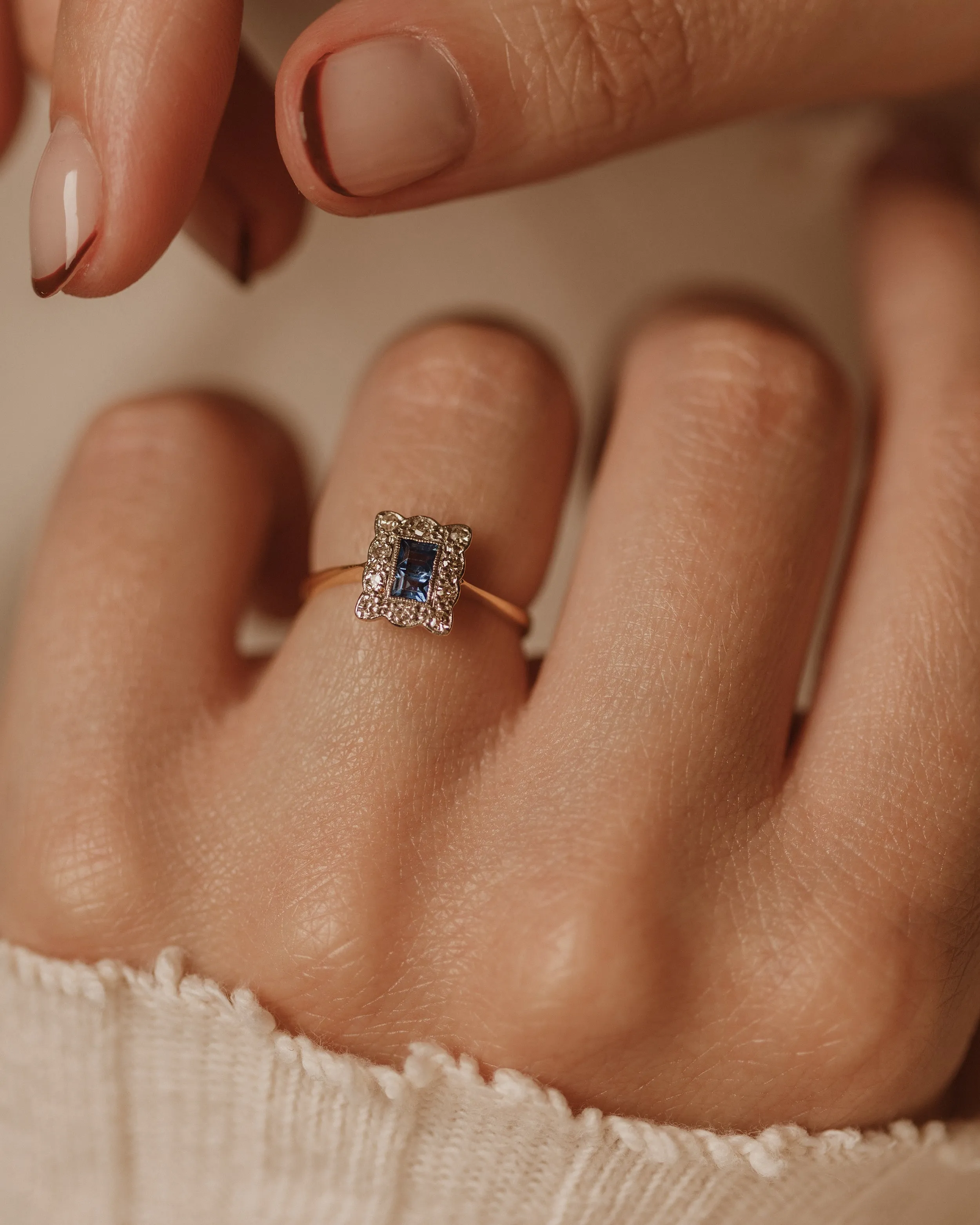 Primrose Antique 18ct Gold Sapphire & Diamond Square Cluster Ring sold by Rock n Rose product image thumbnail 2