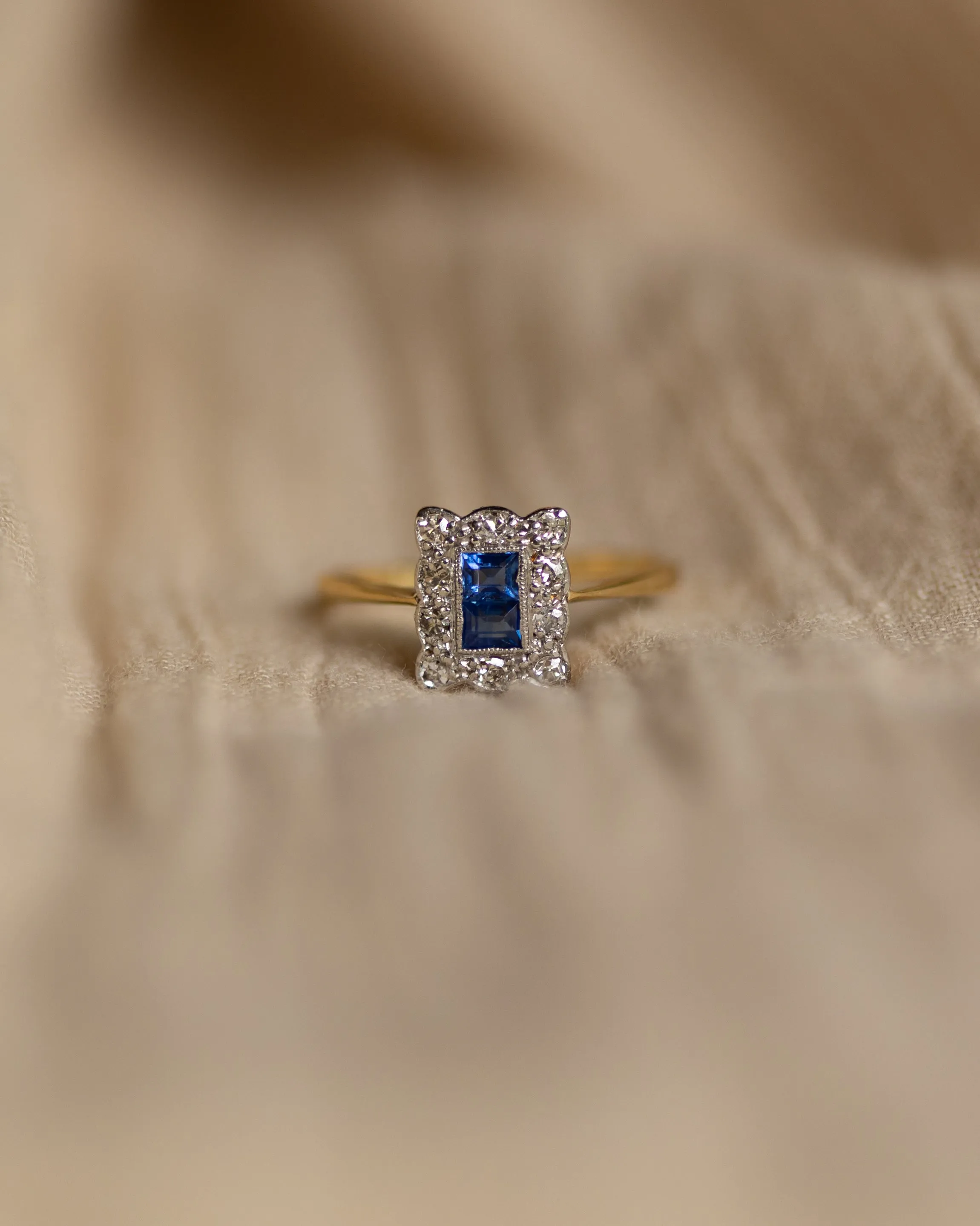 Primrose Antique 18ct Gold Sapphire & Diamond Square Cluster Ring sold by Rock n Rose